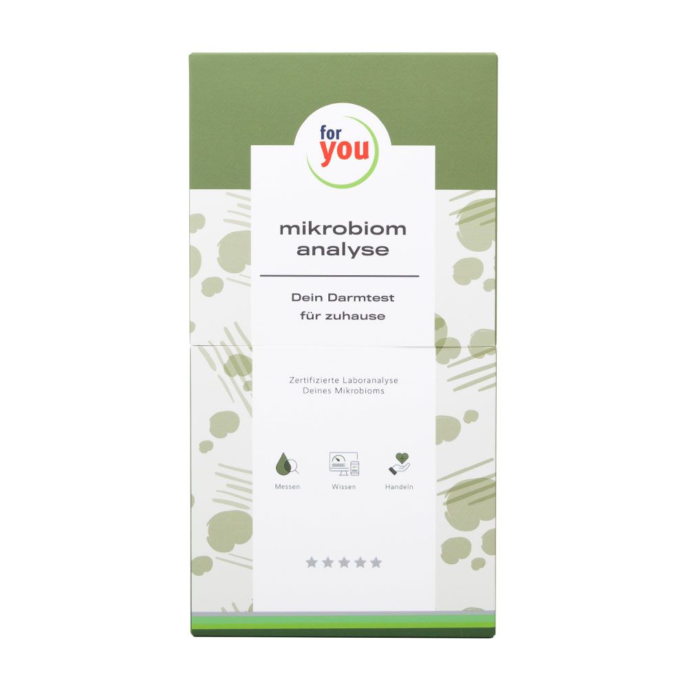 Verpackung der Mikrobiom Analyse. Aufschrift: for you, Mikrobiom Analyse, Dein Darmtest für zuhause. Zertifizierte Laboranalyse. Sterne.