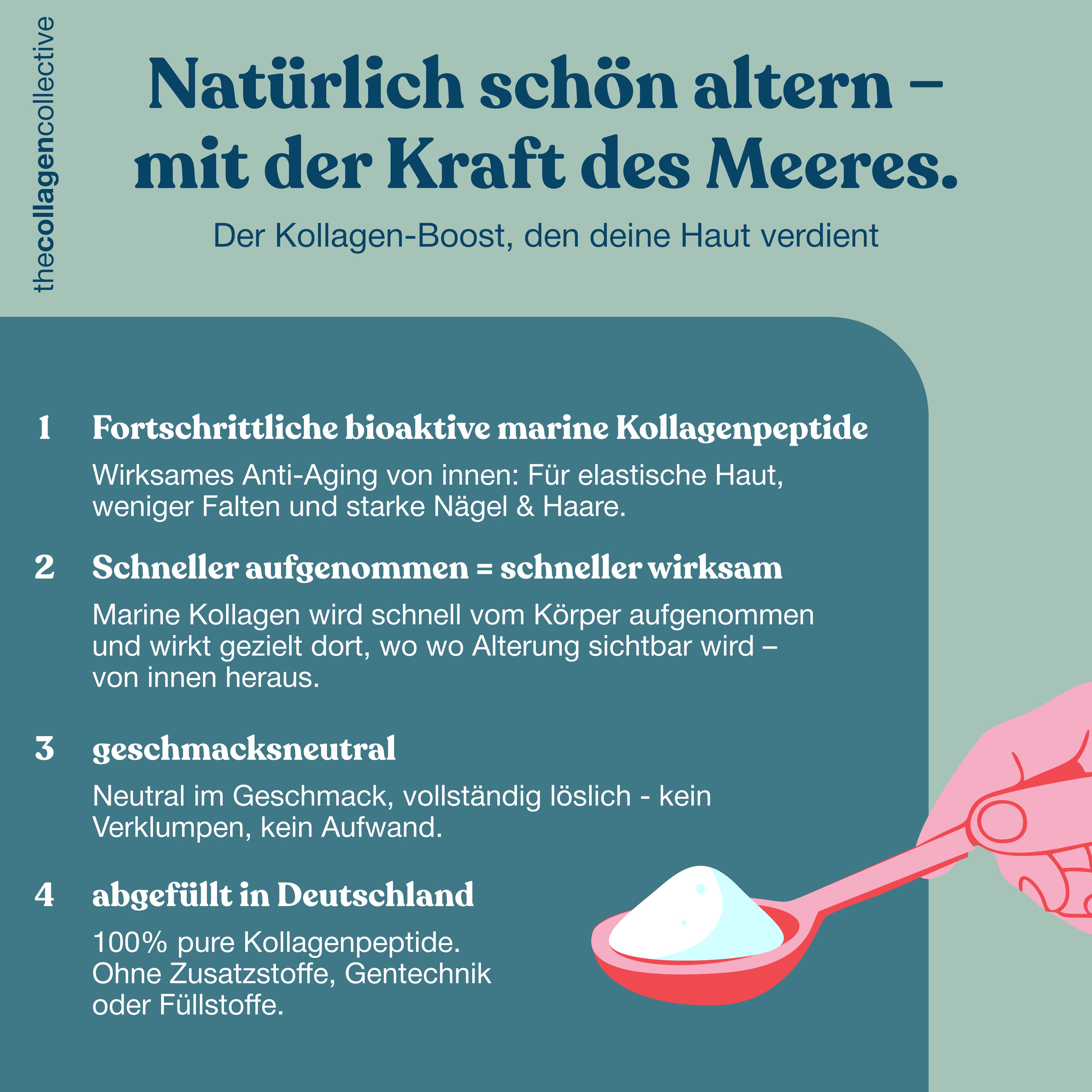 Infografik: Vorteile von marine Kollagen. Text und eine rosa Löffel mit Pulver.