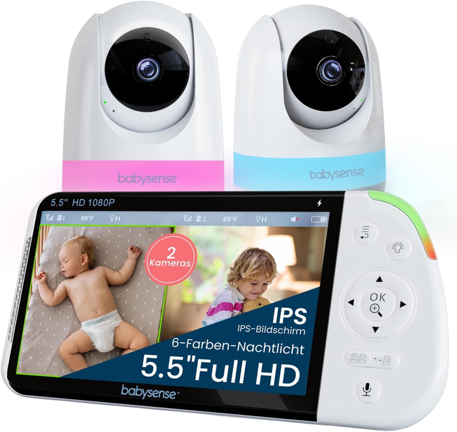 Babysense Full HD Split-Screen Babyphone mit 2 Kameras