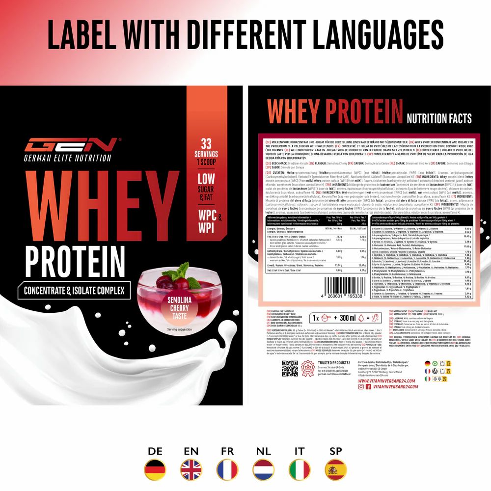 GEN Whey Protein Komplex. Verpackung mit Produktinformationen in verschiedenen Sprachen. Rückseite mit Nährwertangaben.