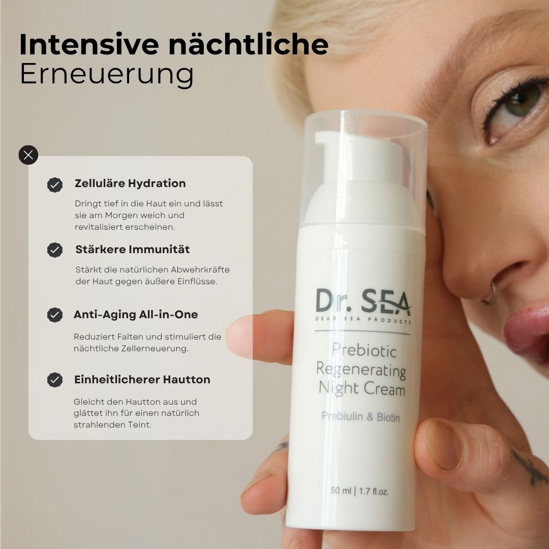 Frau hält Creme-Flakon. Text: Zelluläre Hydratation, Stärkere Immunität, Anti-Aging All-in-One, Einheitlicherer Hautton.