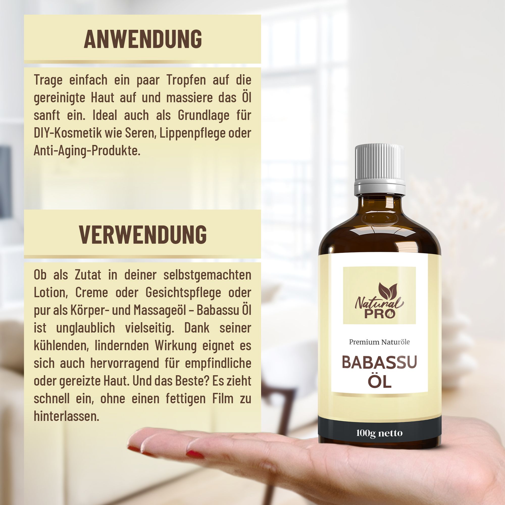 Braune Glasflasche mit weißem Deckel und Etikett. Aufschrift: Babassu Öl. Flasche wird von einer Hand gehalten. Text über Anwendung und Verwendung.