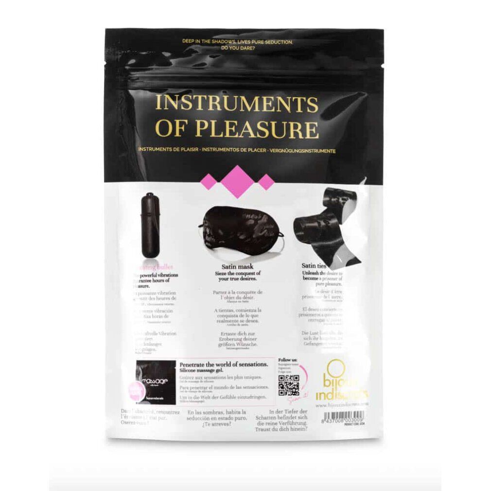 Schwarzer Beutel mit Produktnamen. Abgebildet sind Vibrator, Augenmaske und Band. Text und Logo.