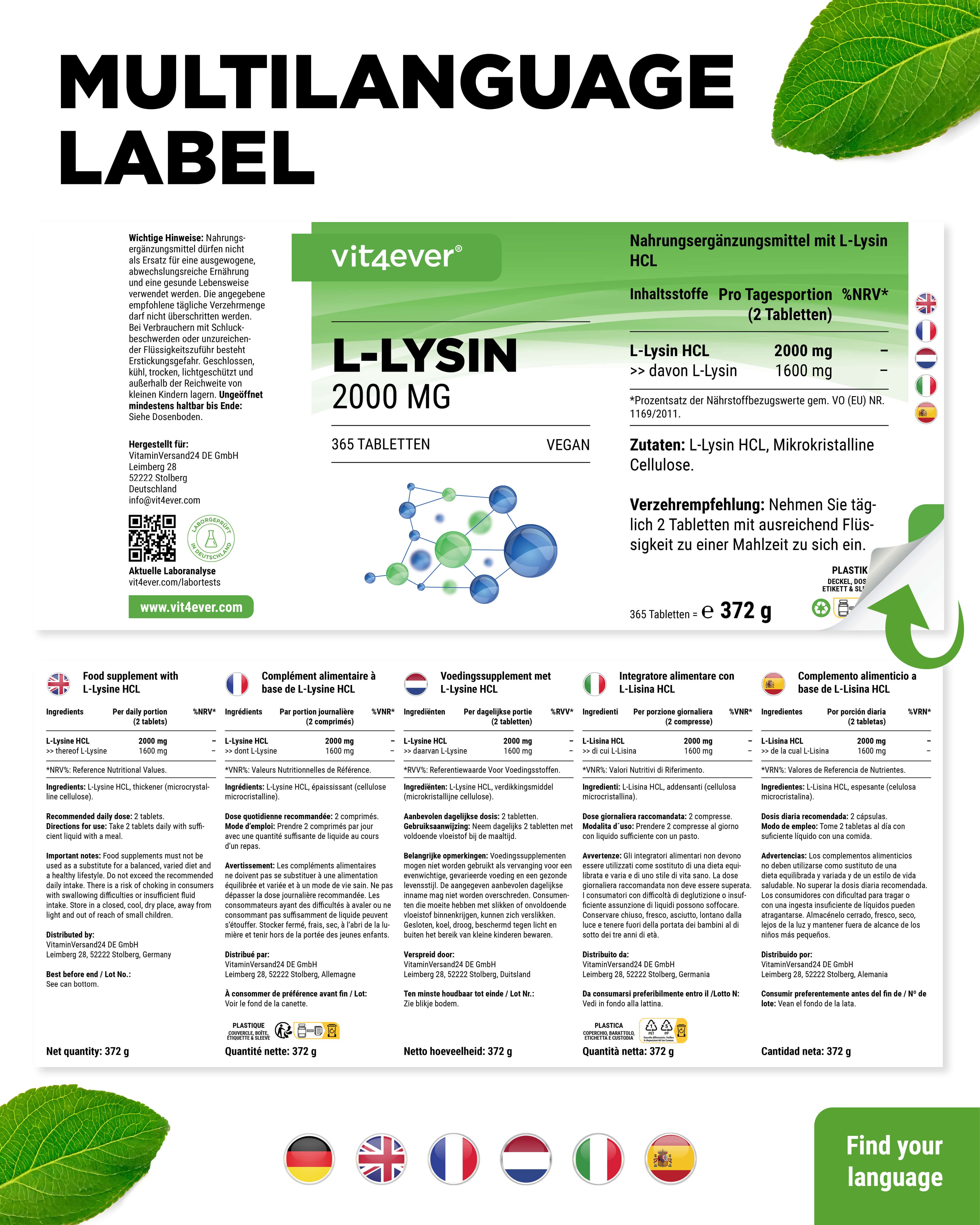 Mehrsprachiges Etikett. Flasche L-Lysin 2000 MG, 365 Tabletten, Vegan. Text: Inhaltsstoffe, Verzehrempfehlung. Nährwertangaben. Mehrsprachig.