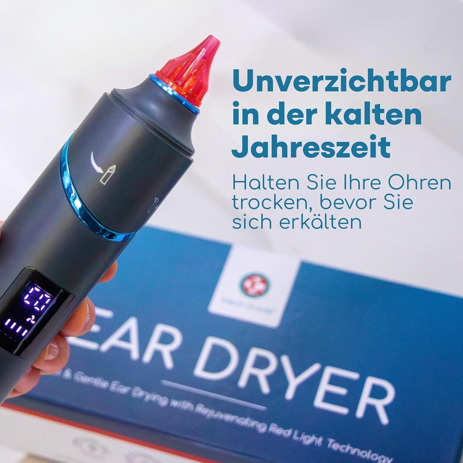 Medi Grade Ohr-Trockner mit rotem Licht, 1x Ohr-Trockner, 3x Aufsätze, 1x USB-C-Kabel.