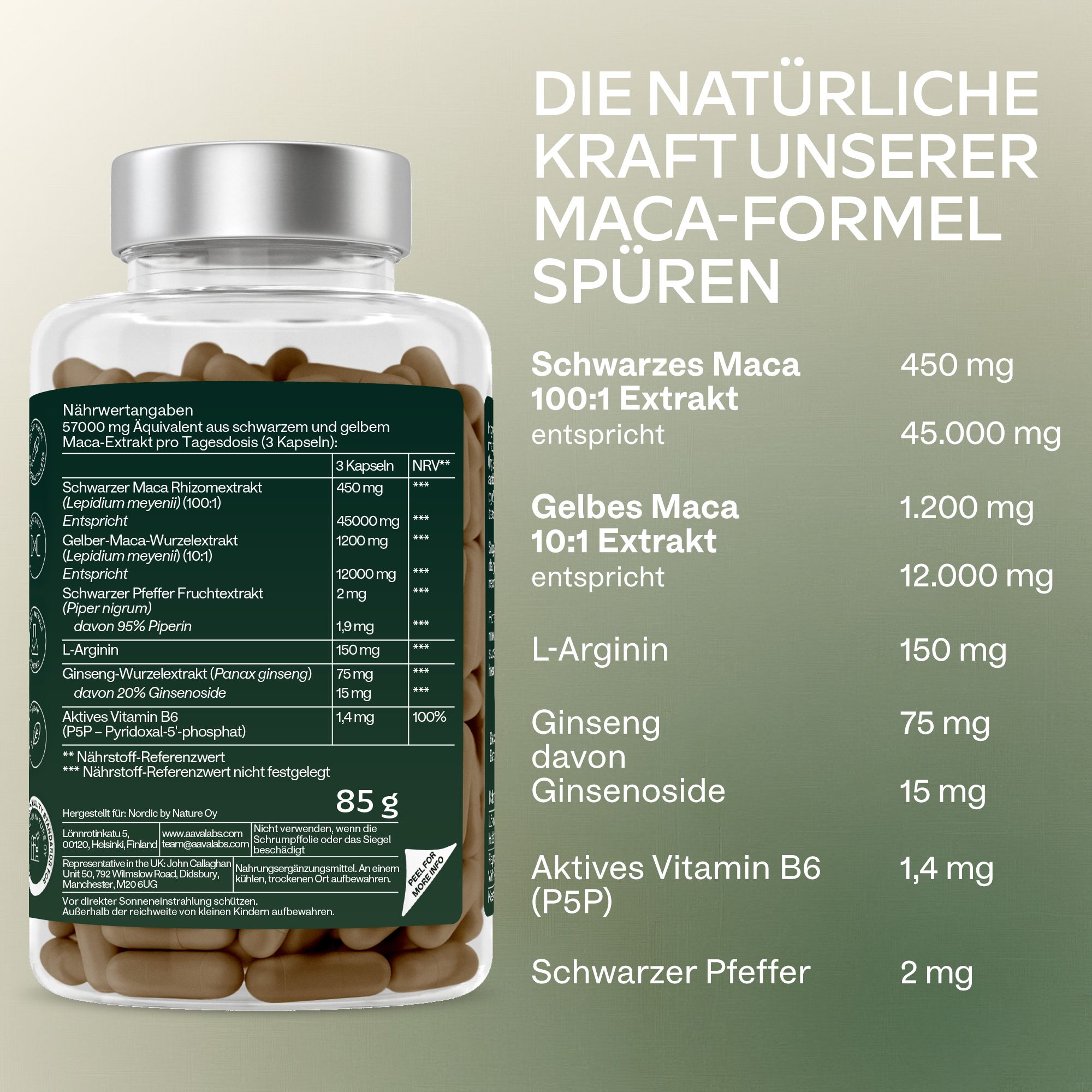 Flasche Aavalabs Maca Kapseln mit Text über die natürliche Kraft der Maca-Formel.