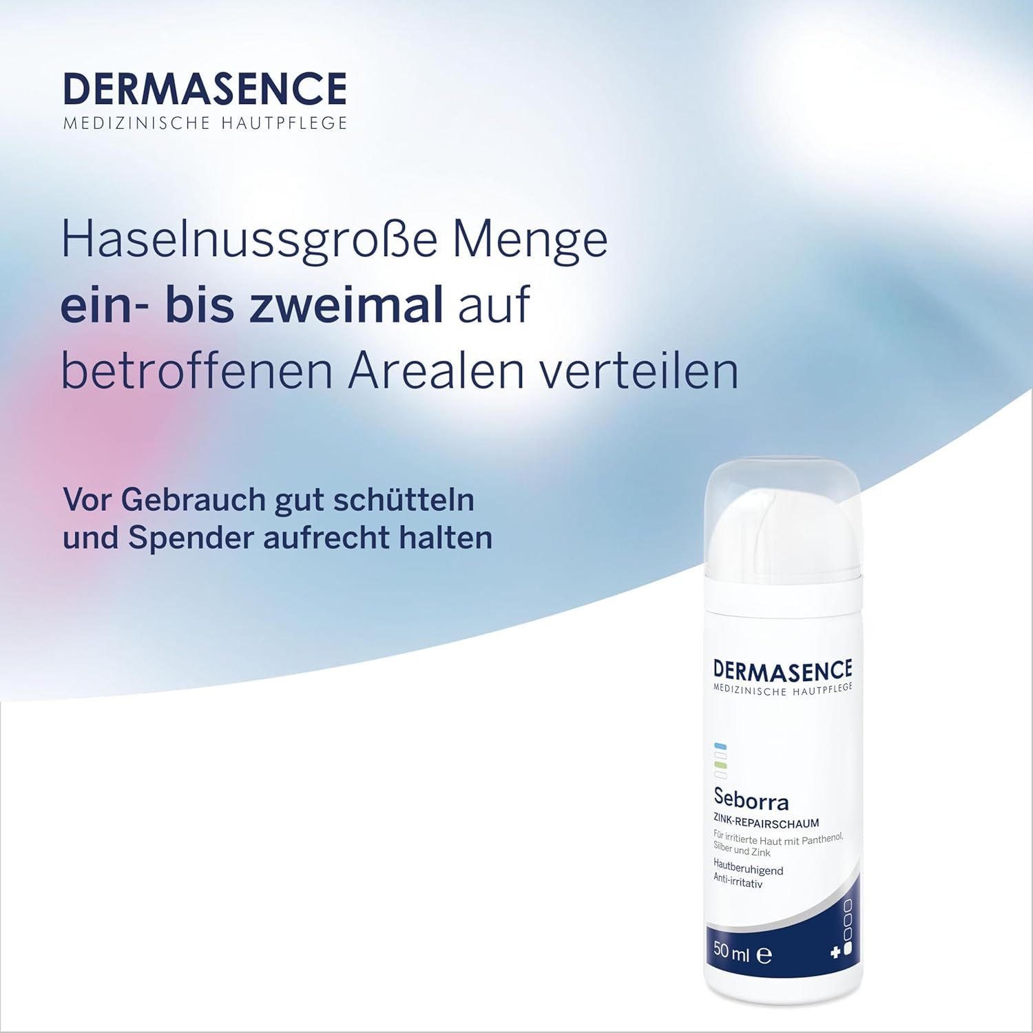 Schaumflasche mit Produktbezeichnung. Text: Haselnussgroße Menge ein- bis zweimal auf betroffenen Arealen verteilen. Vor Gebrauch schütteln.