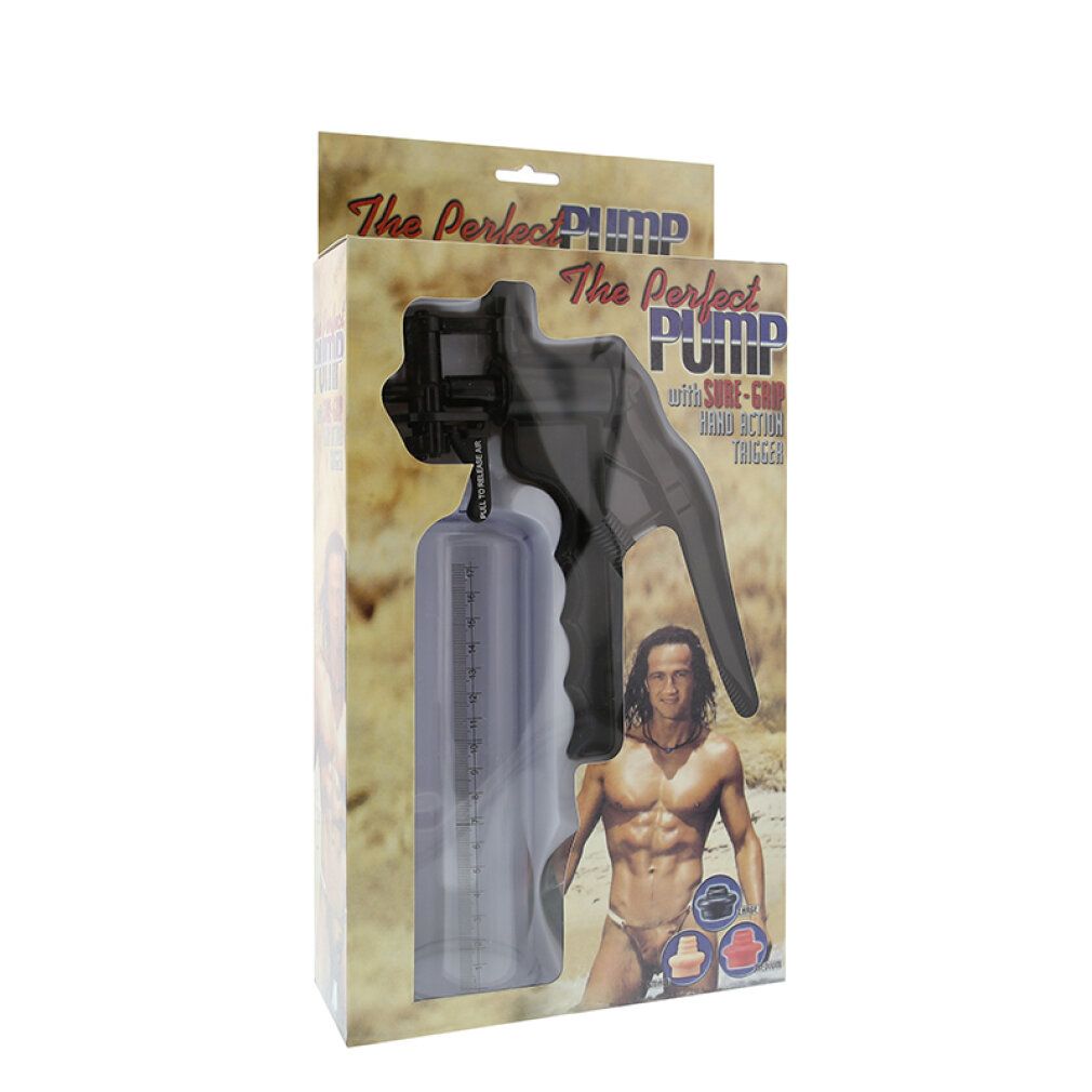 Pumpe mit transparentem Zylinder und schwarzem Griff. Verpackung mit Produktname und Abbildung eines Mannes.