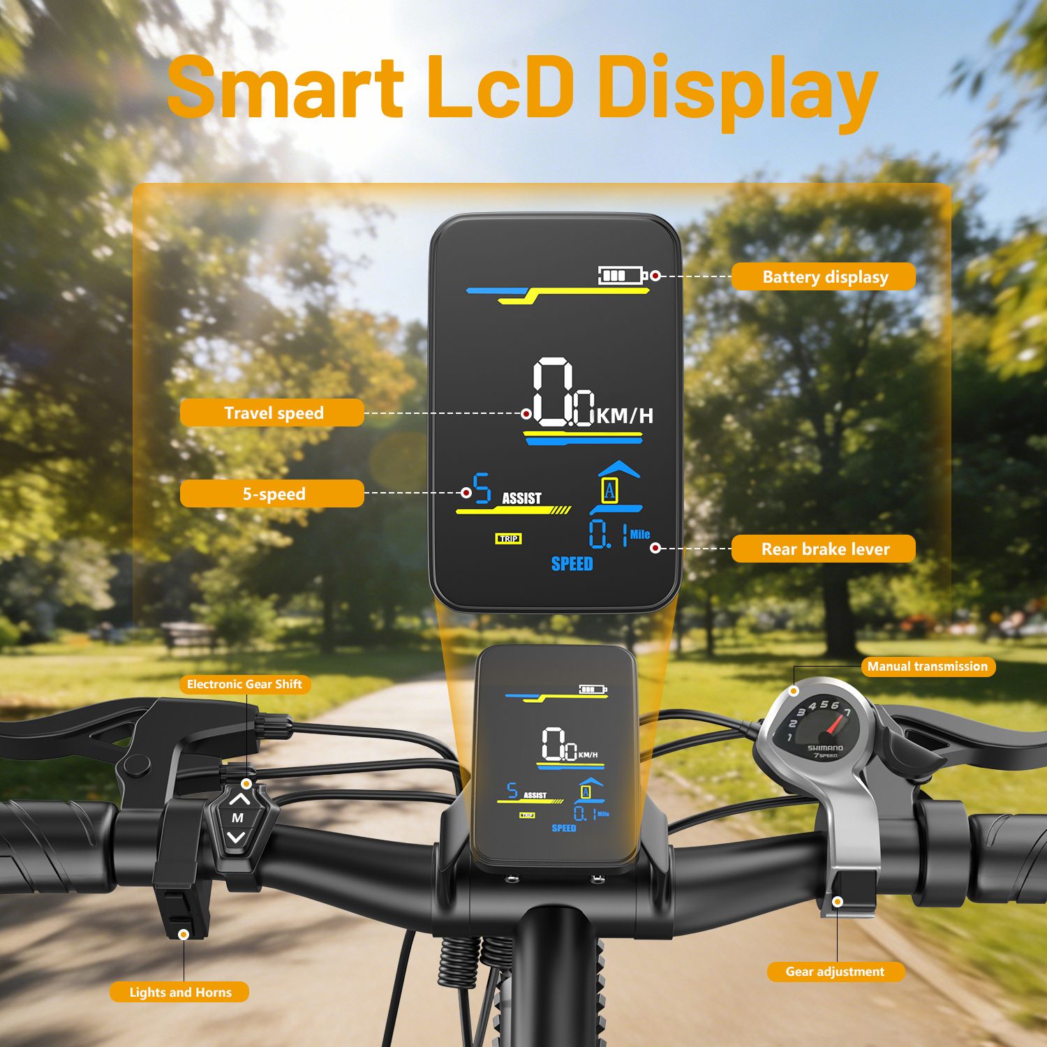 Fahrradlenker mit Smart-LCD-Display. Zeigt Geschwindigkeit, Akku, Assistenzstufe. Zusätzliche Bedienelemente.