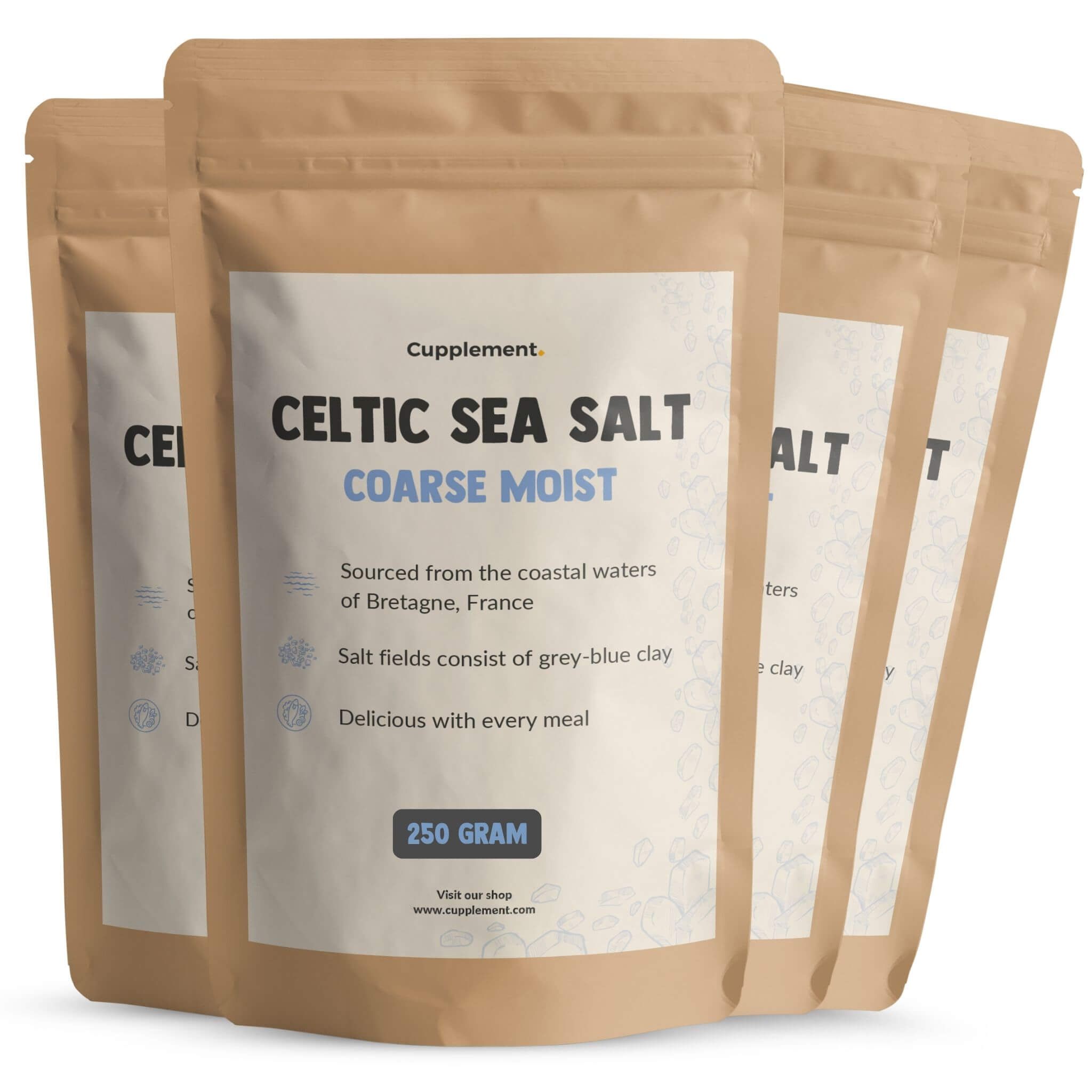 Beutel mit Cupplement Keltisches Meersalz. Aufschrift: Celtic Sea Salt, Coarse Moist, 250 Gramm.