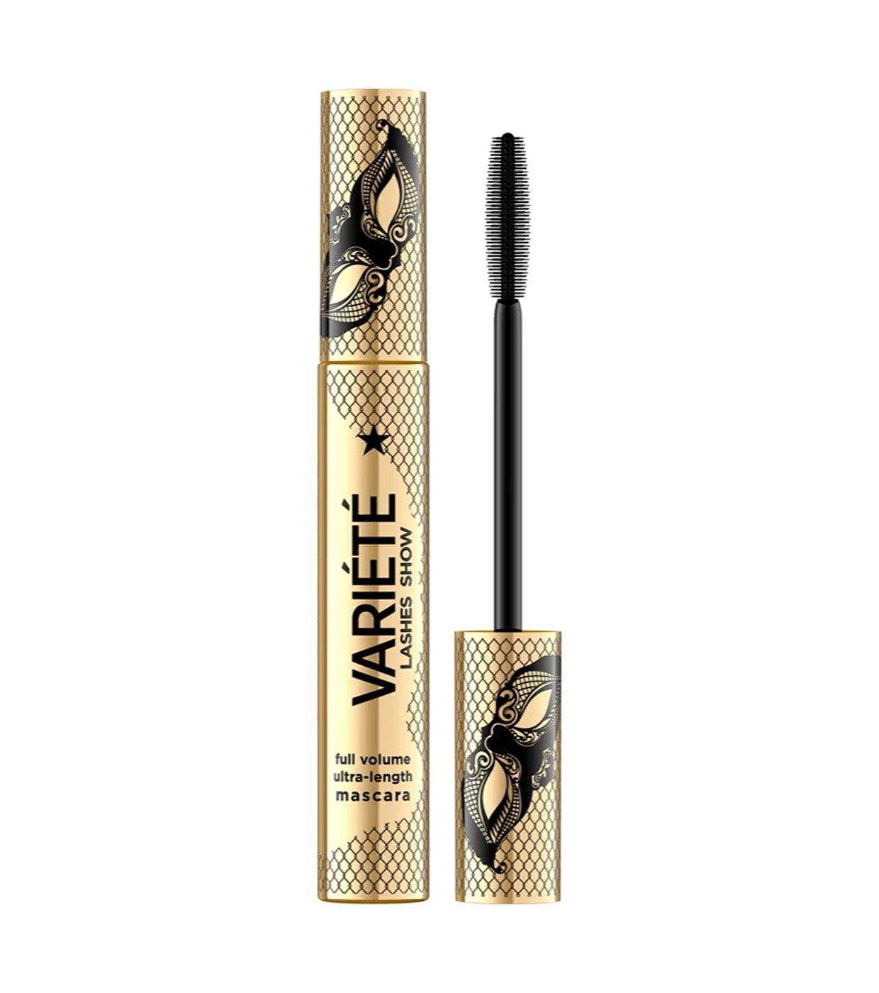 Goldene Mascarahülse mit schwarzem Mascara-Applikator. Aufschrift: VARIÉTÉ LASHES SHOW. Schwarze Masken-Dekoration.