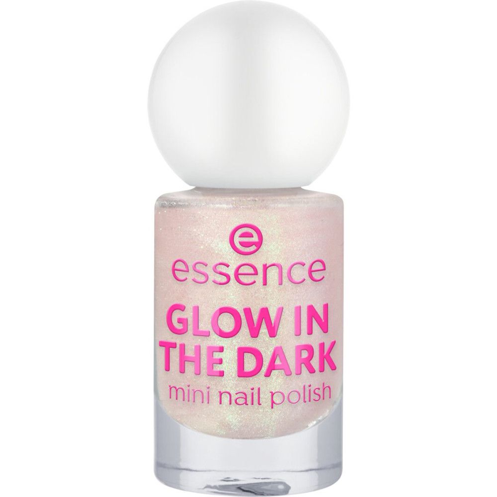 Essence Mini-Nagellack. Flasche mit rosa Etikett, Schriftzug 'GLOW IN THE DARK'. Weißer Deckel.