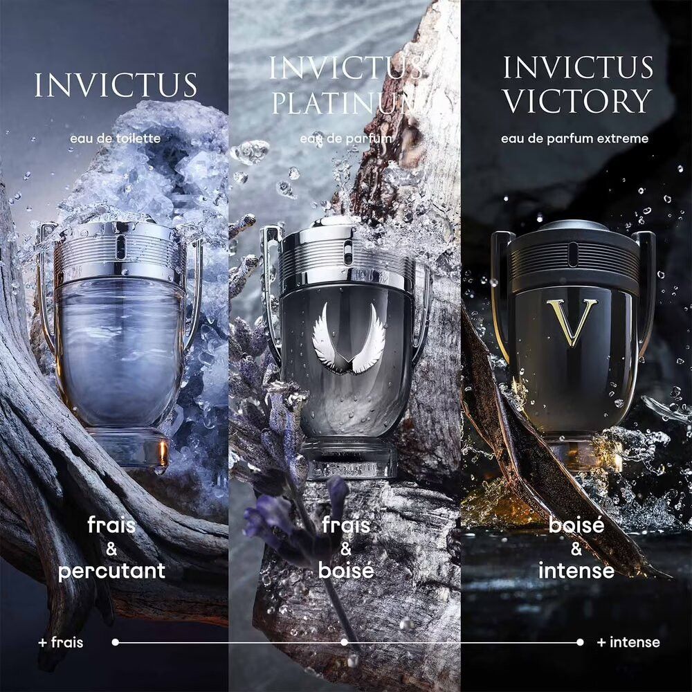 Drei INVICTUS-Flakons: Eau de Toilette, Platinum Eau de Parfum, Victory Eau de Parfum Extreme. Wasser- und Holzeffekte.