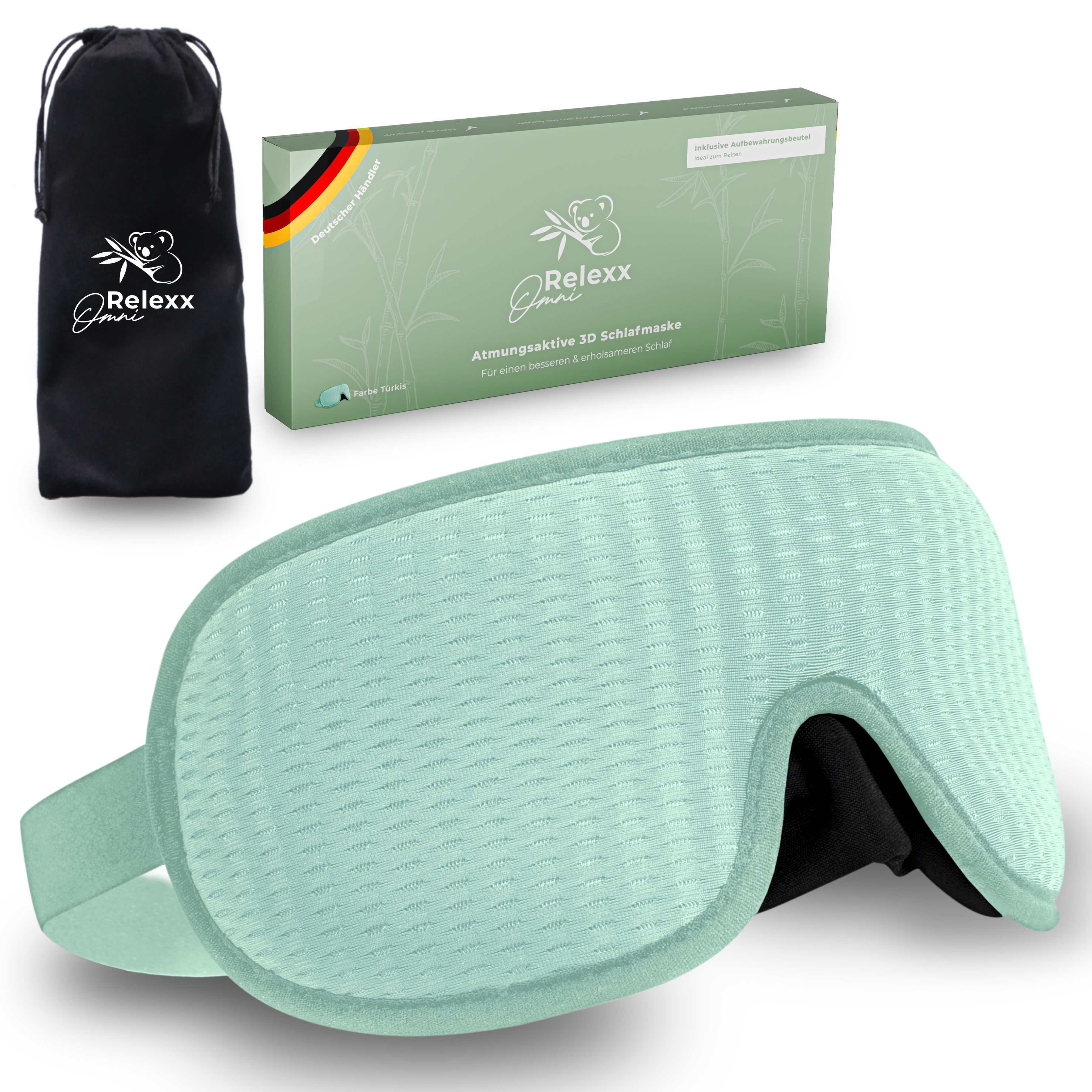 Hellgrüne Schlafmaske, schwarzer Beutel, grüne Verpackung. Maske mit verstellbarem Band. Beutel mit Logo. Verpackung mit Produktname.