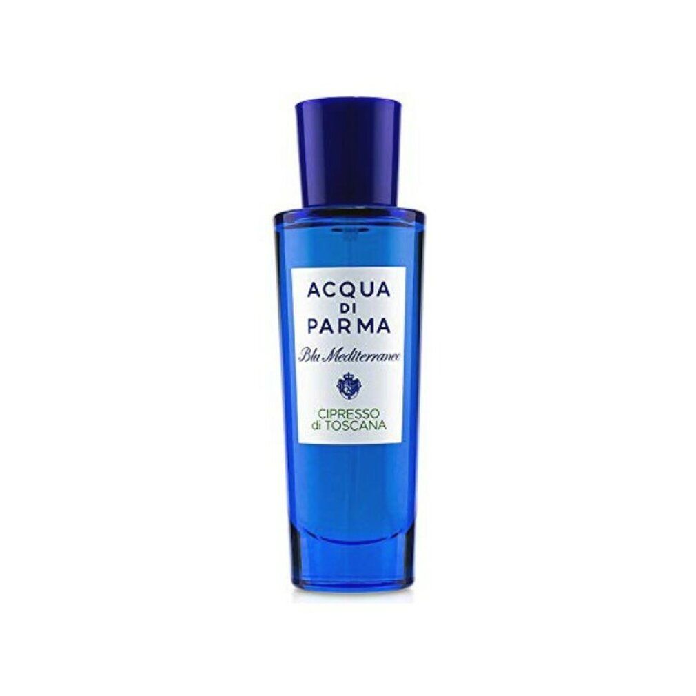 Blaues Parfümflakon mit weißem Etikett. Aufschrift: Acqua di Parma Blu Mediterraneo Cipresso di Toscana.