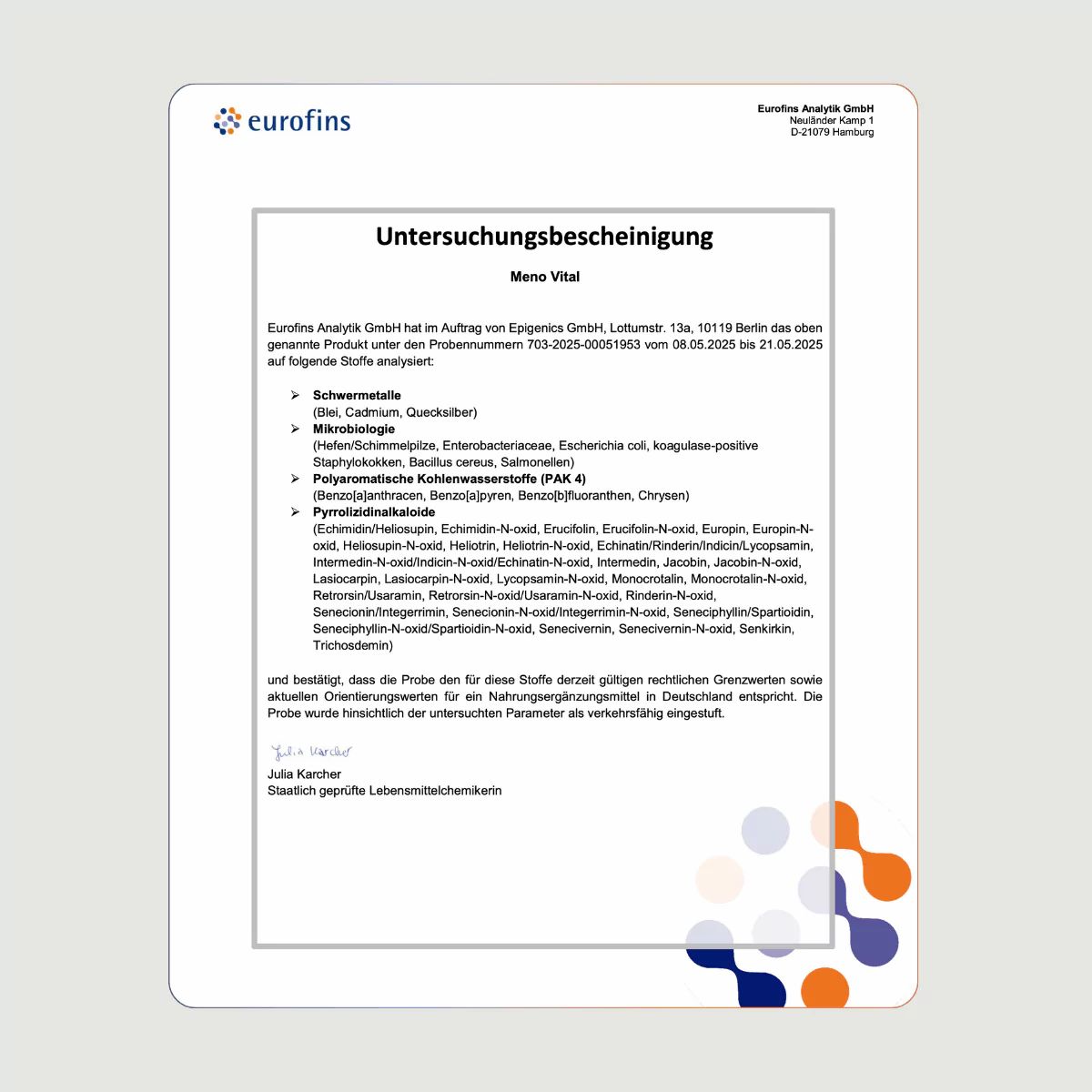 Zertifikat von Eurofins. Text: Untersuchungsergebnis für Meno Vital. Analyse auf Schwermetalle, Bakterien, Pestizide, etc.
