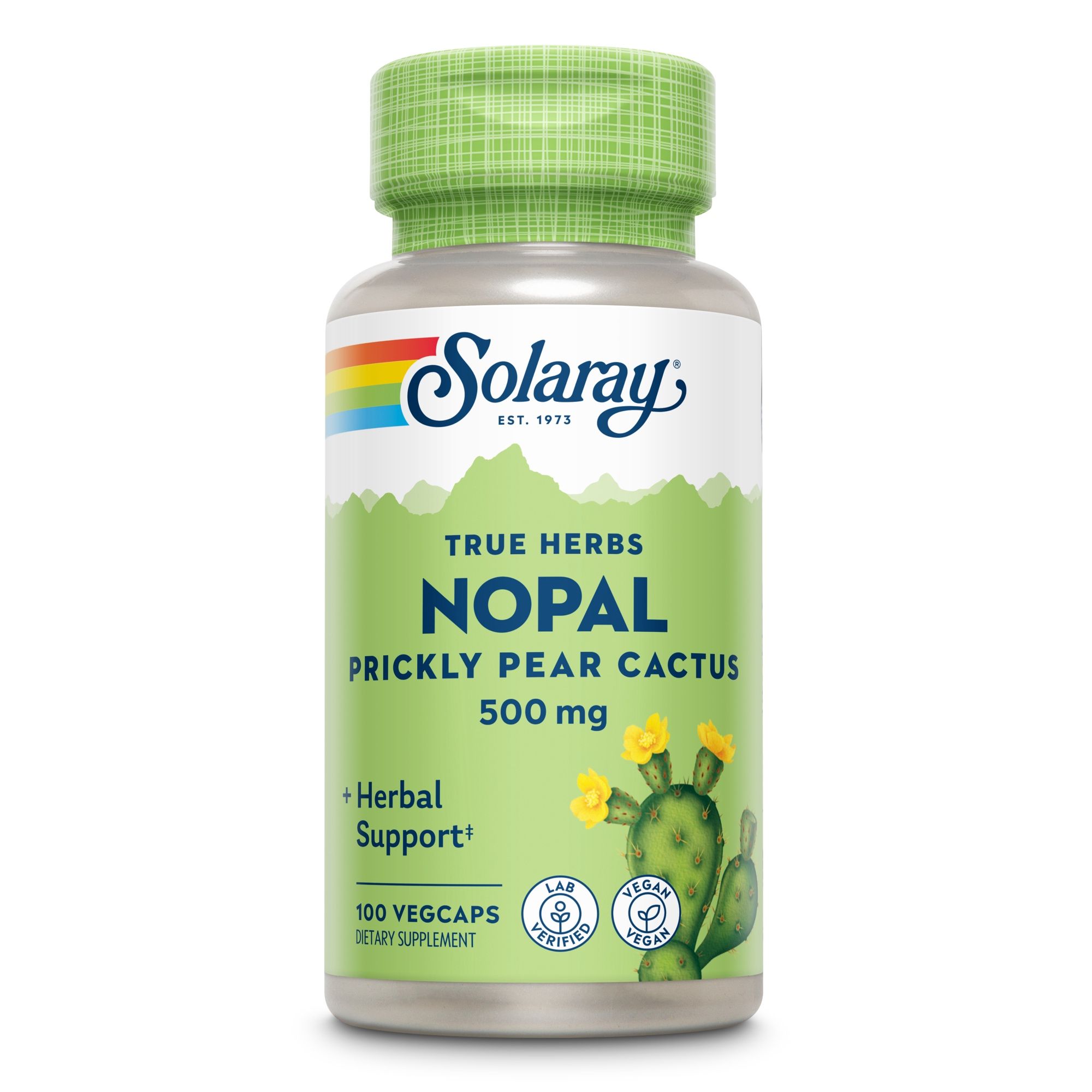 Solaray Nopal-Kapseln, 500 mg, mit grünem Deckel. Text: True Herbs, Nopal, Prickly Pear Cactus, 100 Vegcaps.