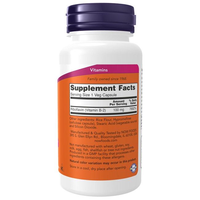 Now Foods Vitamin B-2 100 mg Fläschchen mit Supplement Facts Etikett. Enthält Riboflavin.