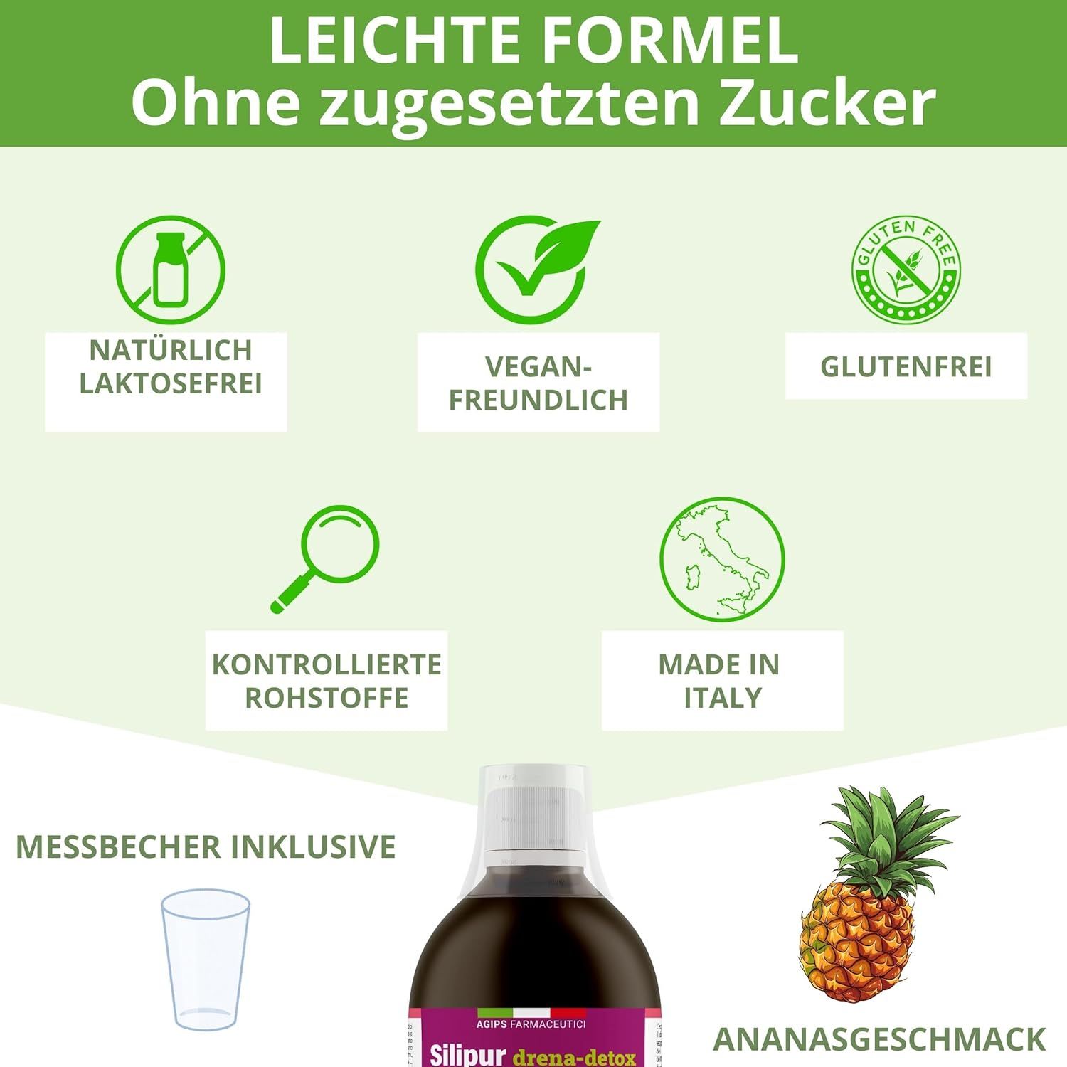 Grafik mit Produktflasche, Messbecher und Ananas. Text: Natürliche, laktosefreie, vegan-freundliche, glutenfreie Rohstoffe. Made in Italy.