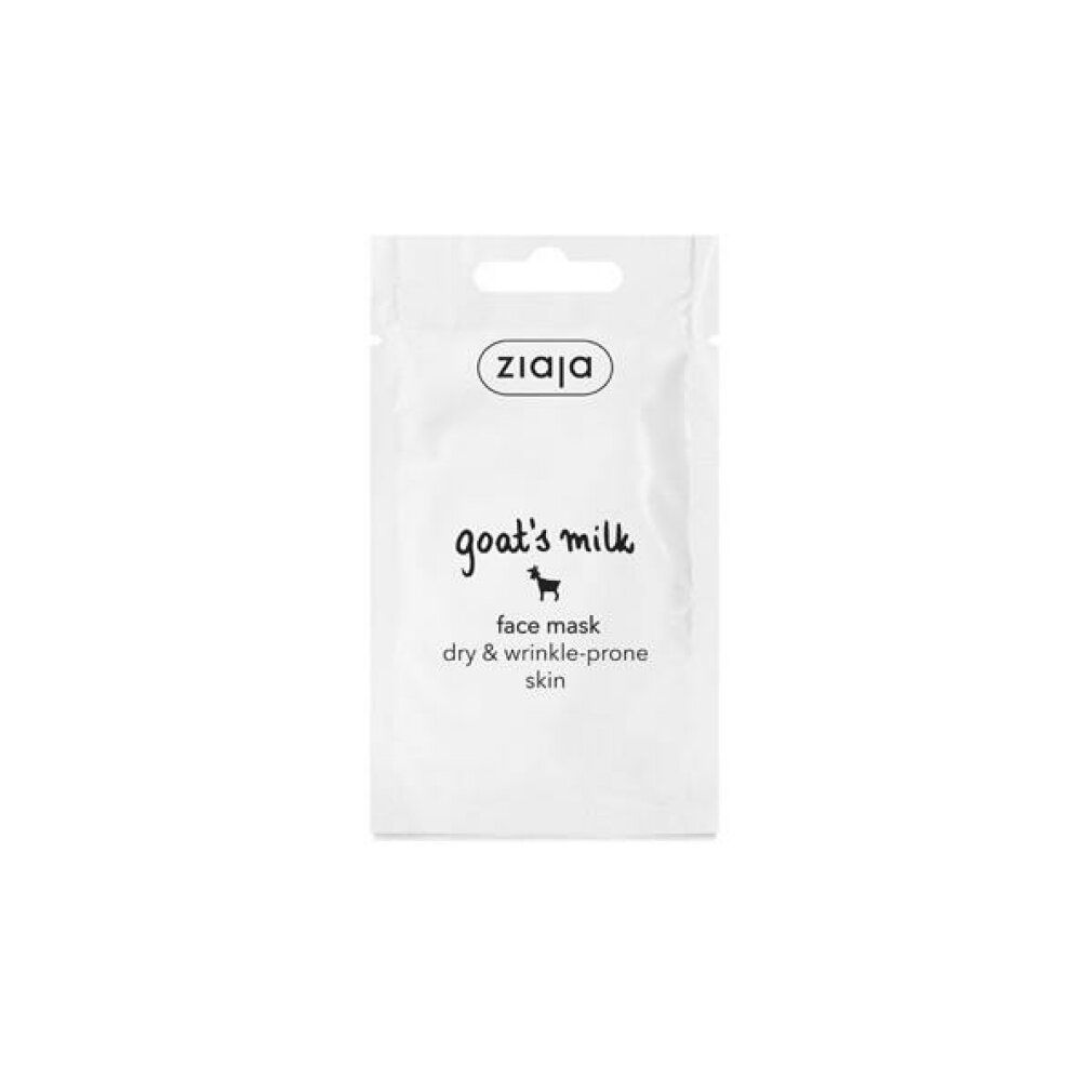 Ziaja-Gesichtsmaske in weißer Einzelverpackung. Aufschrift: goat's milk, face mask, dry & wrinkle-prone skin. Marke Ziaja.