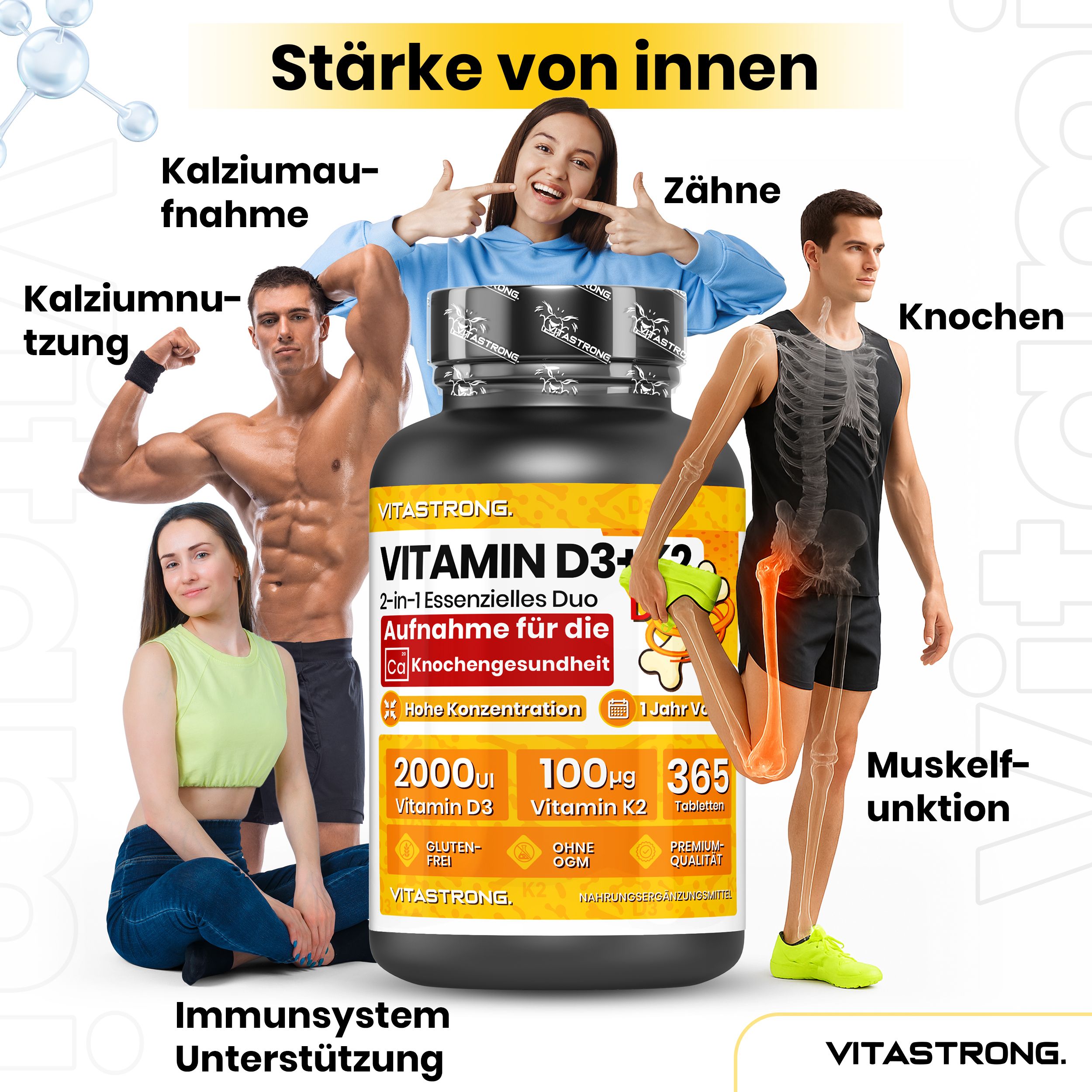 Gelber Hintergrund mit Personen und Vitastrong Vitamin D3 + K2 Flasche. Text: Knochen, Zähne, Immunsystem, Muskelfunktion.