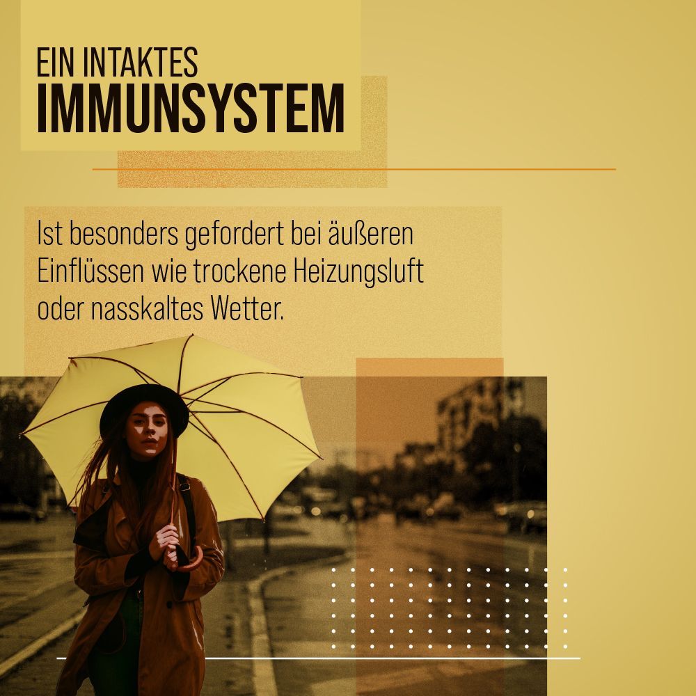 Grafik mit Text: Ein intaktes Immunsystem. Frau mit gelbem Regenschirm im Regen, gelber Hintergrund.