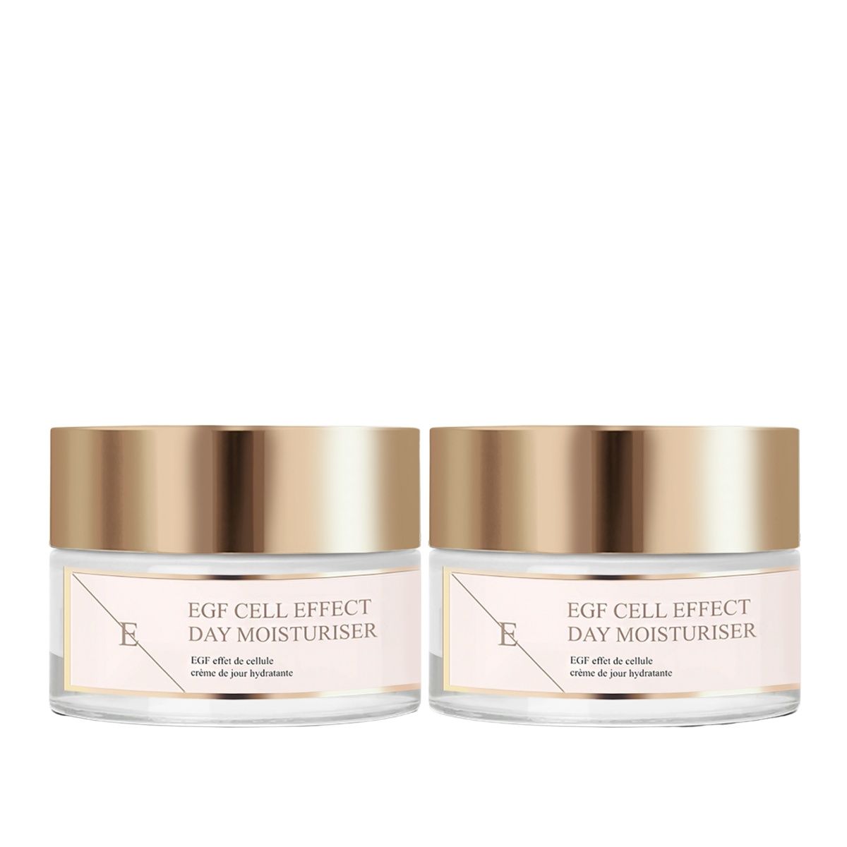 Zwei Tiegel Tagesfeuchtigkeitscreme mit goldfarbenen Deckeln und Etiketten. Aufschrift: EGF Cell Effect Day Moisturiser.