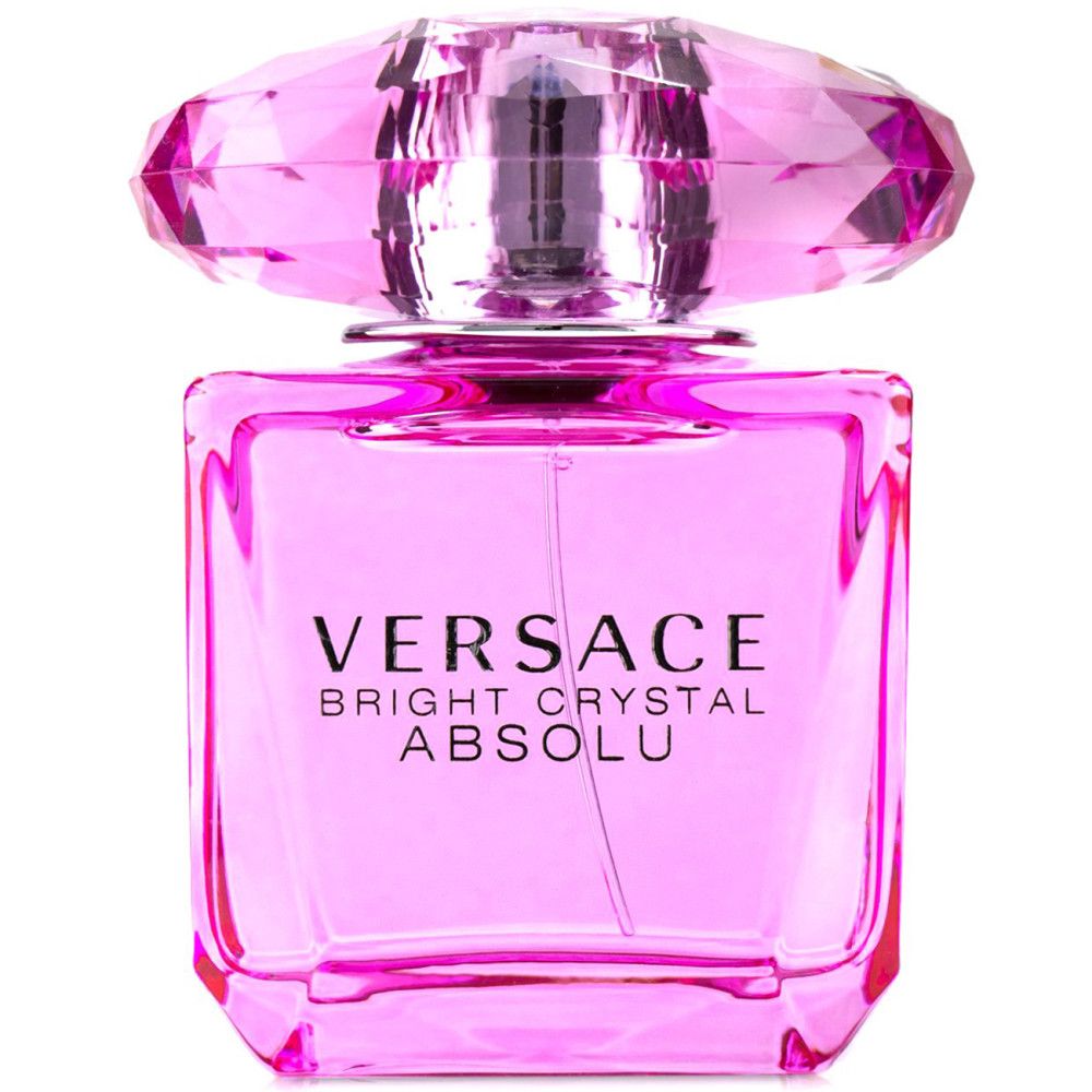 Rosa Flakon. Aufschrift: Versace Bright Crystal Absolu. Kristallförmiger Deckel. Quadratische Form.