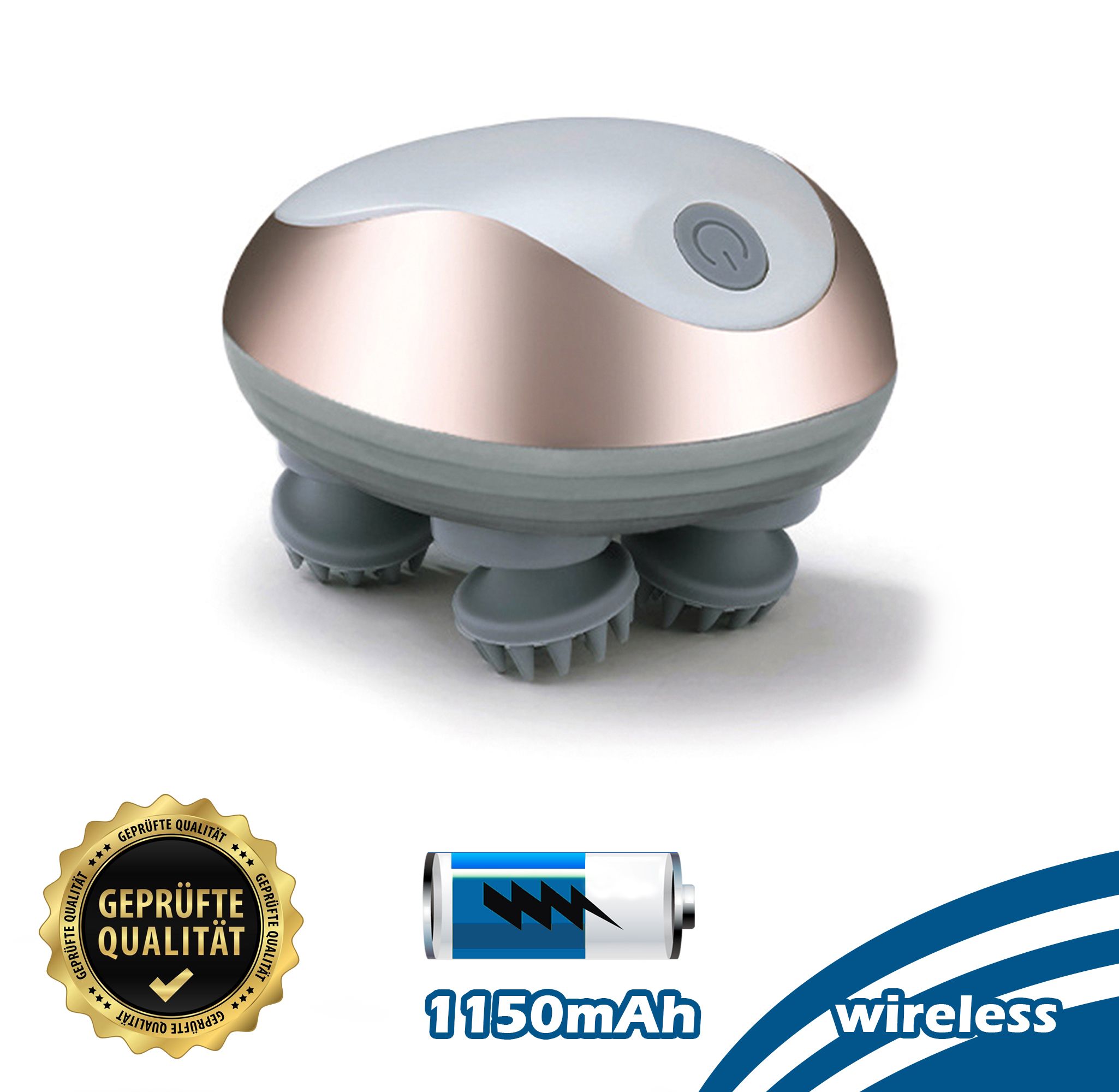 Grau-weißes Massagegerät mit roségoldfarbenem Rand. Unten vier Massageköpfe. Goldene Qualitätsmarke. Akku-Symbol mit 1150mAh.