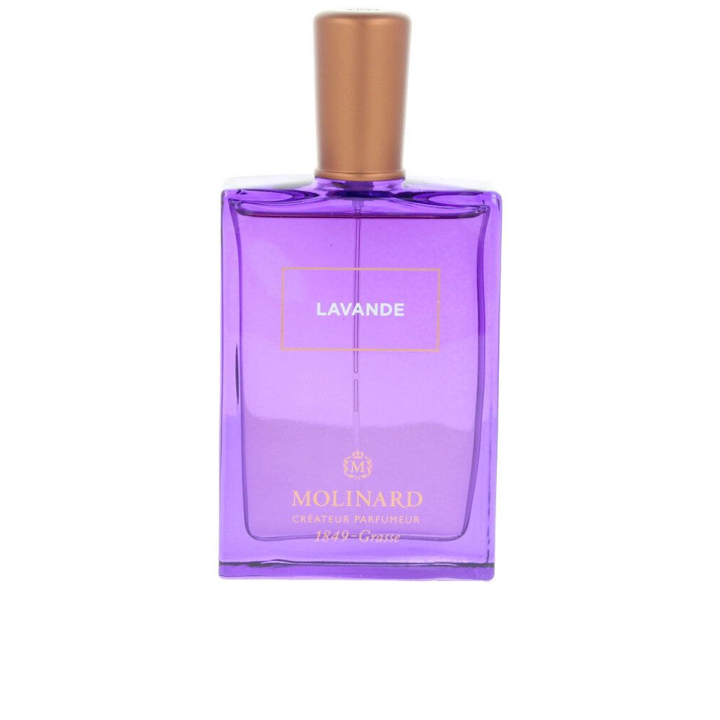 Violett-farbener Flakon mit goldfarbenem Verschluss. Aufschrift "LAVANDE" und "MOLINARD" mit Logo. Rechteckige Form.