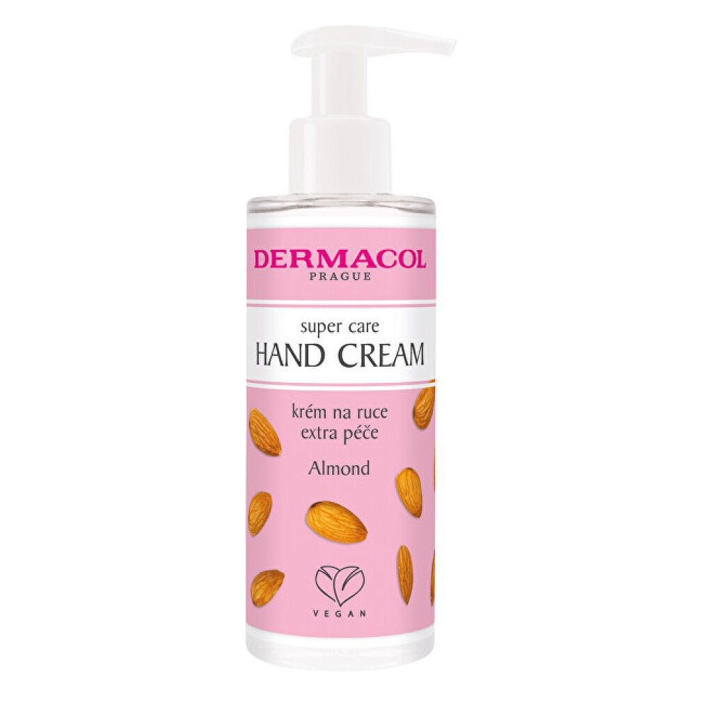 Handcreme-Flasche mit Dosierpumpe. Rosa Etikett mit Mandel-Illustrationen und Text: Hand Cream, Vegan.