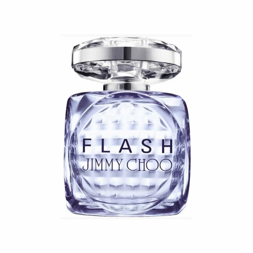 Parfümflakon mit silbernem Verschluss. Aufschrift: FLASH JIMMY CHOO. Flakon mit Facettenmuster, klare Flüssigkeit.