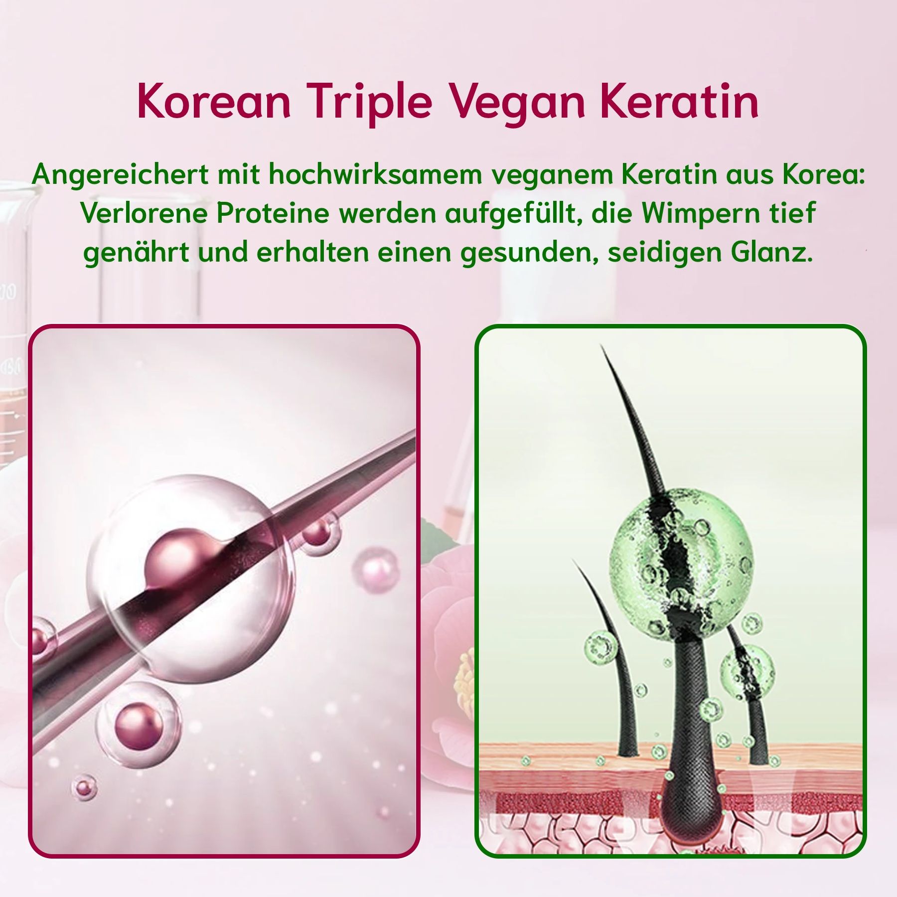 Zwei Bilder mit Details von Haaren. Einmal gesund, einmal beschädigt. Rosa und grüne Hintergründe.
