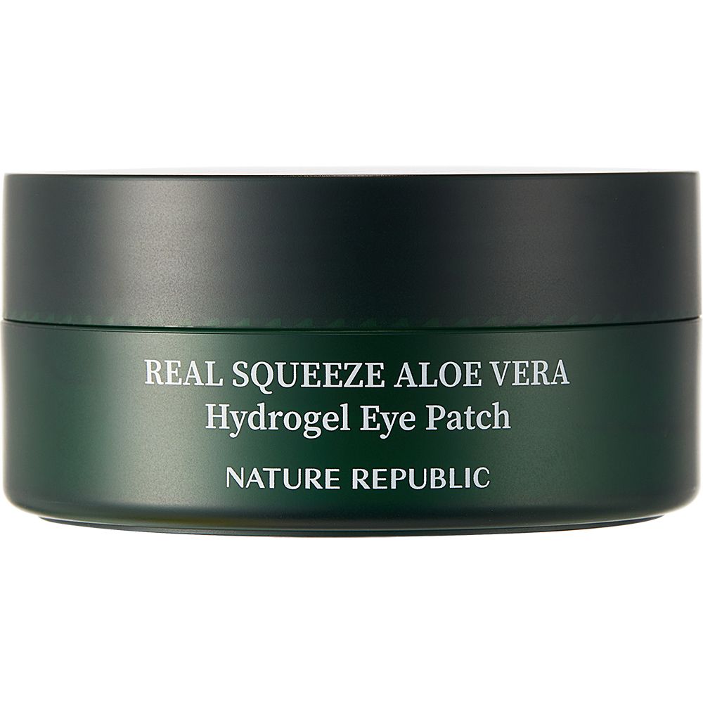 Grüne Dose mit Aufschrift: REAL SQUEEZE ALOE VERA Hydrogel Eye Patch. Marke: NATURE REPUBLIC.