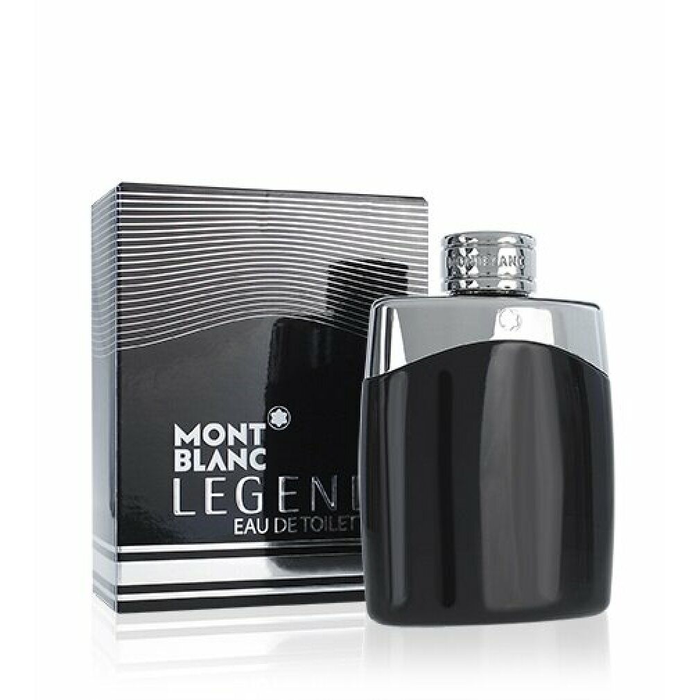Schwarzer Flakon mit silberfarbenem Deckel und Verpackung. MONTBLANC, LEGEND, Eau de Toilette. Rechteckige Form.
