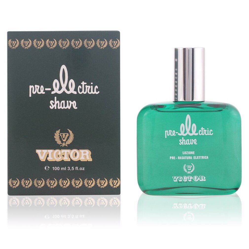 Grüne Flasche und Schachtel mit Aufschrift "pre-electric shave" und "Victor". Flasche mit silbernem Deckel. Schachtel mit goldfarbenen Verzierungen.