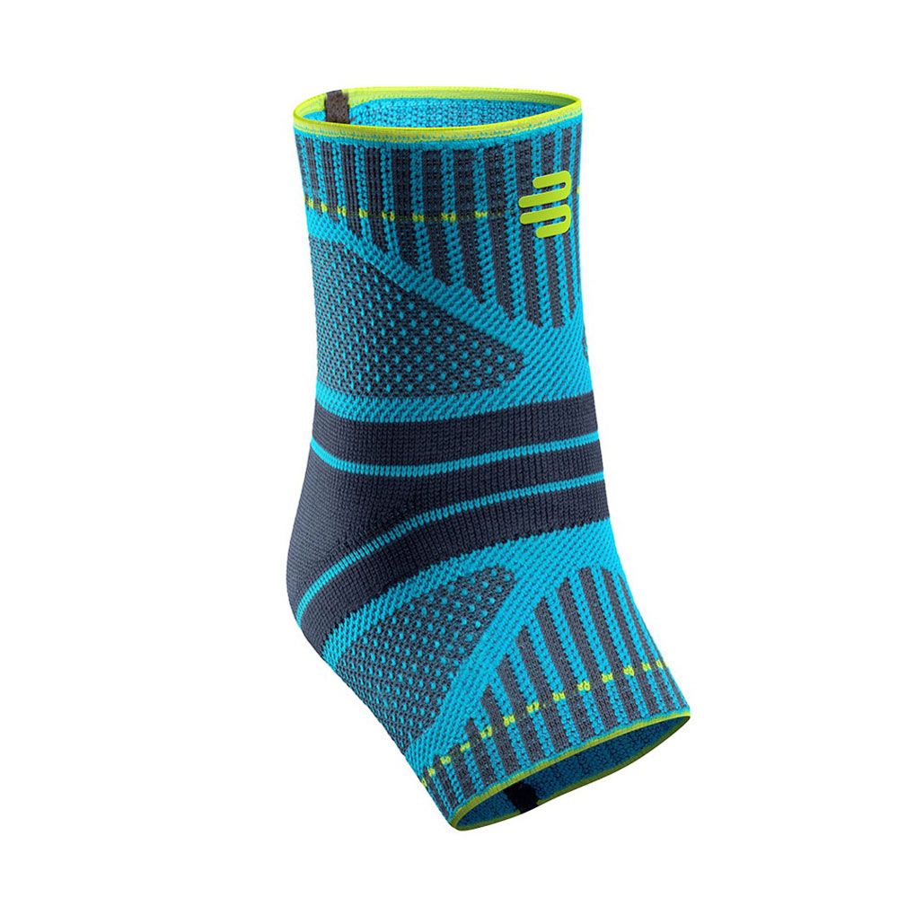 Blau-grüne Sport-Ankelbandage mit Zickzack-Muster und Logo.