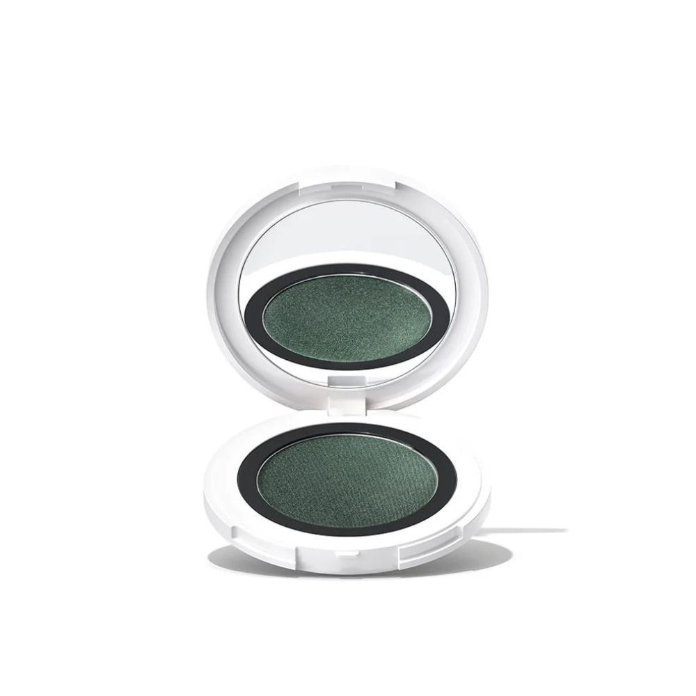 Offenes Lidschatten-Etui mit Spiegel. Grüner Lidschatten sichtbar.