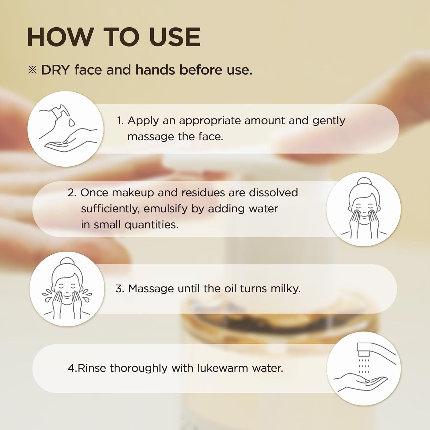 Skin1004 Madagascar Centella Light Cleansing Oil. Illustrationen zur Anwendung des Produkts.