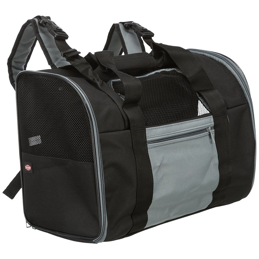 Schwarzer und grauer Rucksack für Hunde. Mit Tragegriffen, Schultergurten und Reißverschluss-Tasche. Mesh-Einsätze.