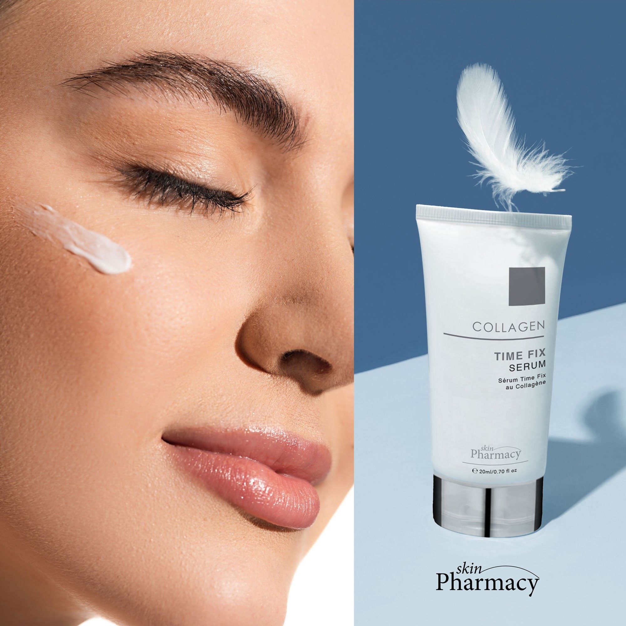 Frauengesicht mit Serum-Applikation neben einer Tube skinPharmacy Collagen Time Fix Serum.