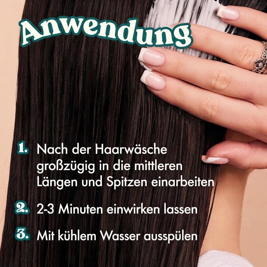 Anwendungshinweise für Haarpflege: Nach dem Waschen auftragen, einwirken lassen, ausspülen.