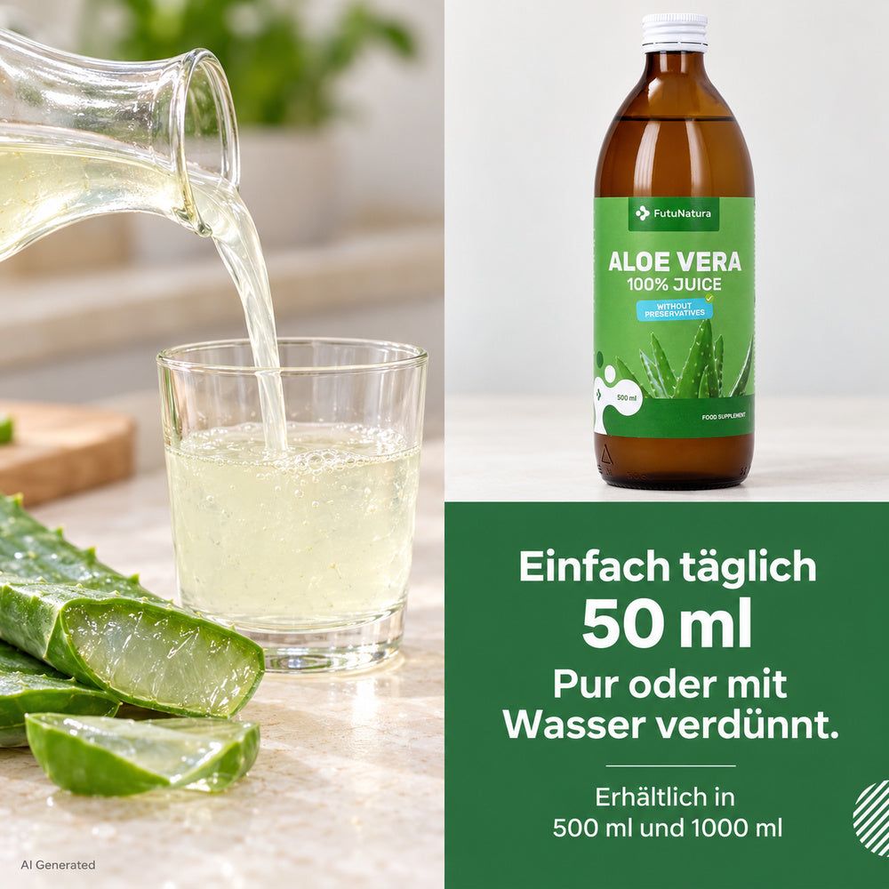 Flasche FutuNatura Aloe Vera Saft, Glas wird gefüllt, Aloe-Vera-Scheiben.