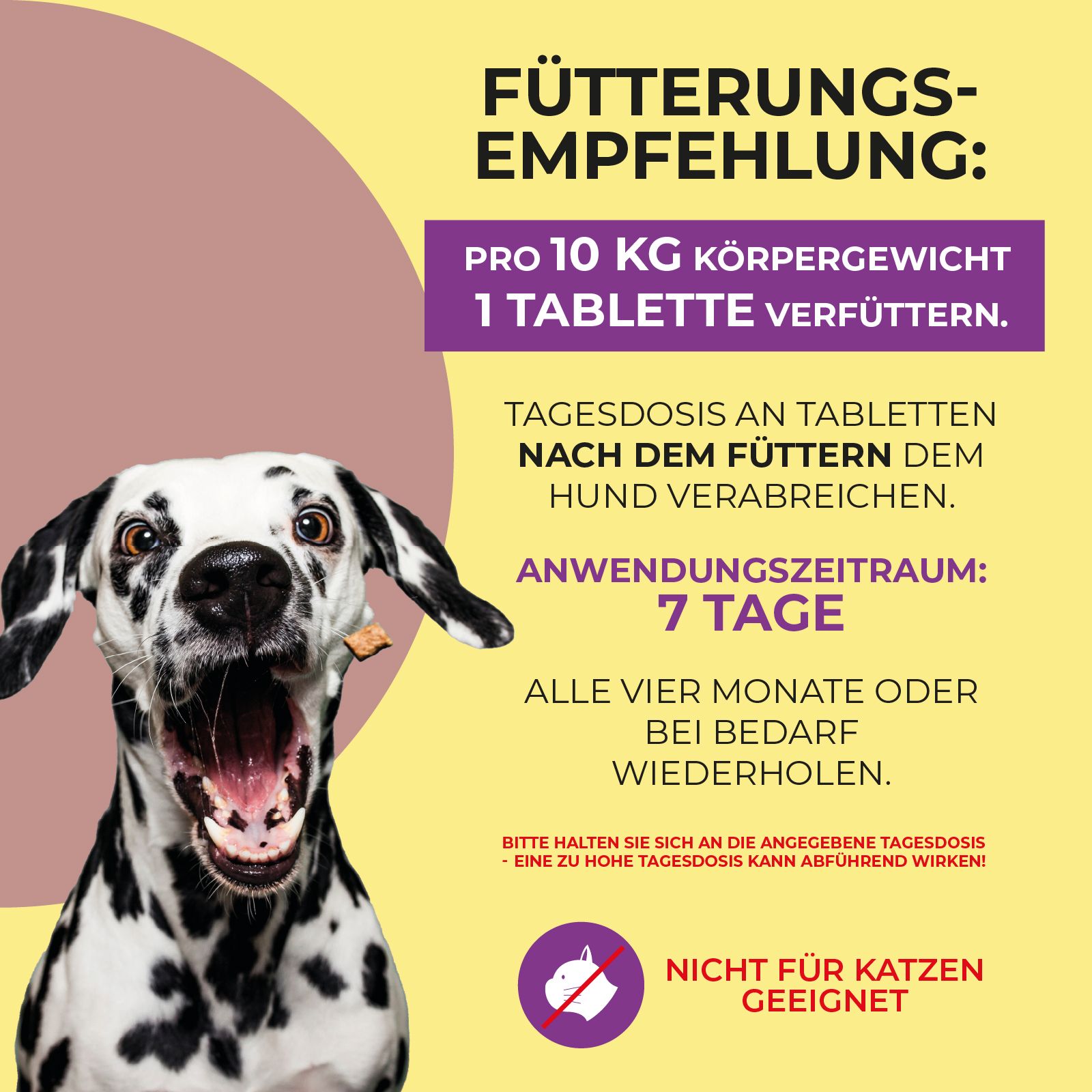 Gelber Hintergrund mit Text und einem Dalmatiner. Text: Fütterungsempfehlung: 1 Tablette pro 10 kg Körpergewicht. Nicht für Katzen.