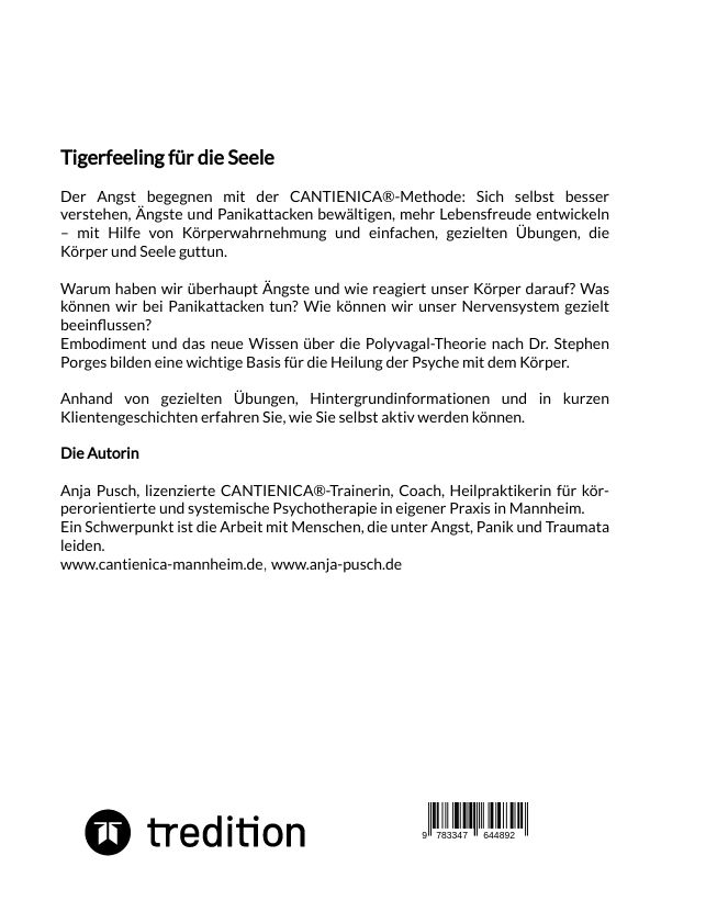 Buchrückseite mit Text. Titel: Tigerfeeling für die Seele. Verlag: tredition. ISBN-Code.