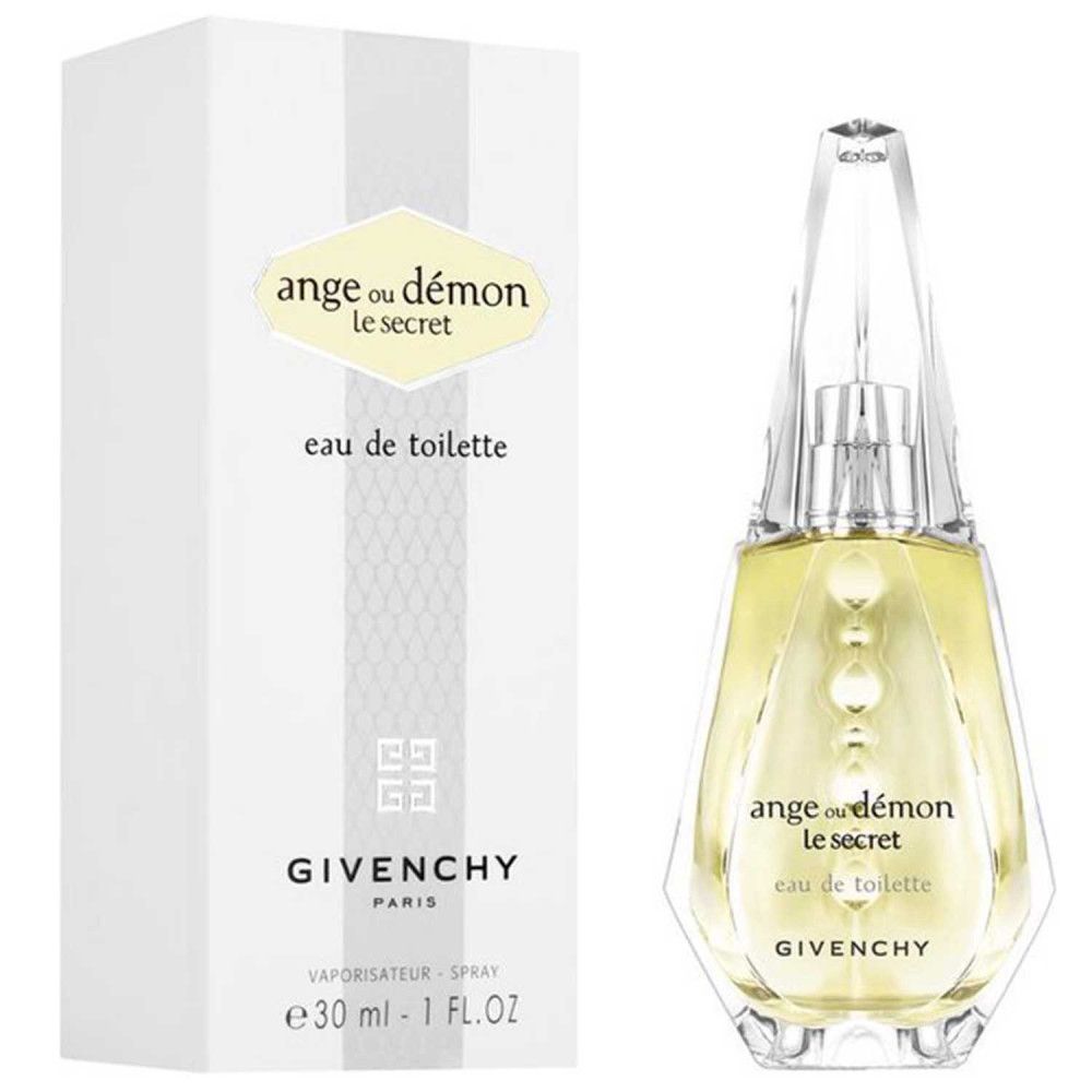 Parfümflakon und Verpackung. Flakon: transparent, gelbe Flüssigkeit. Verpackung: weiß, Aufschrift: Ange ou Démon le secret, eau de toilette, Givenchy.