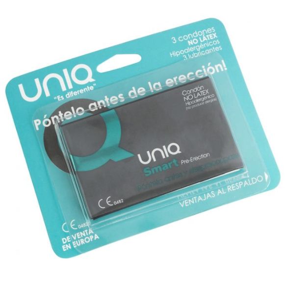Verpackung mit 3 UNIQ Smart Kondomen, latexfrei, hypoallergen.