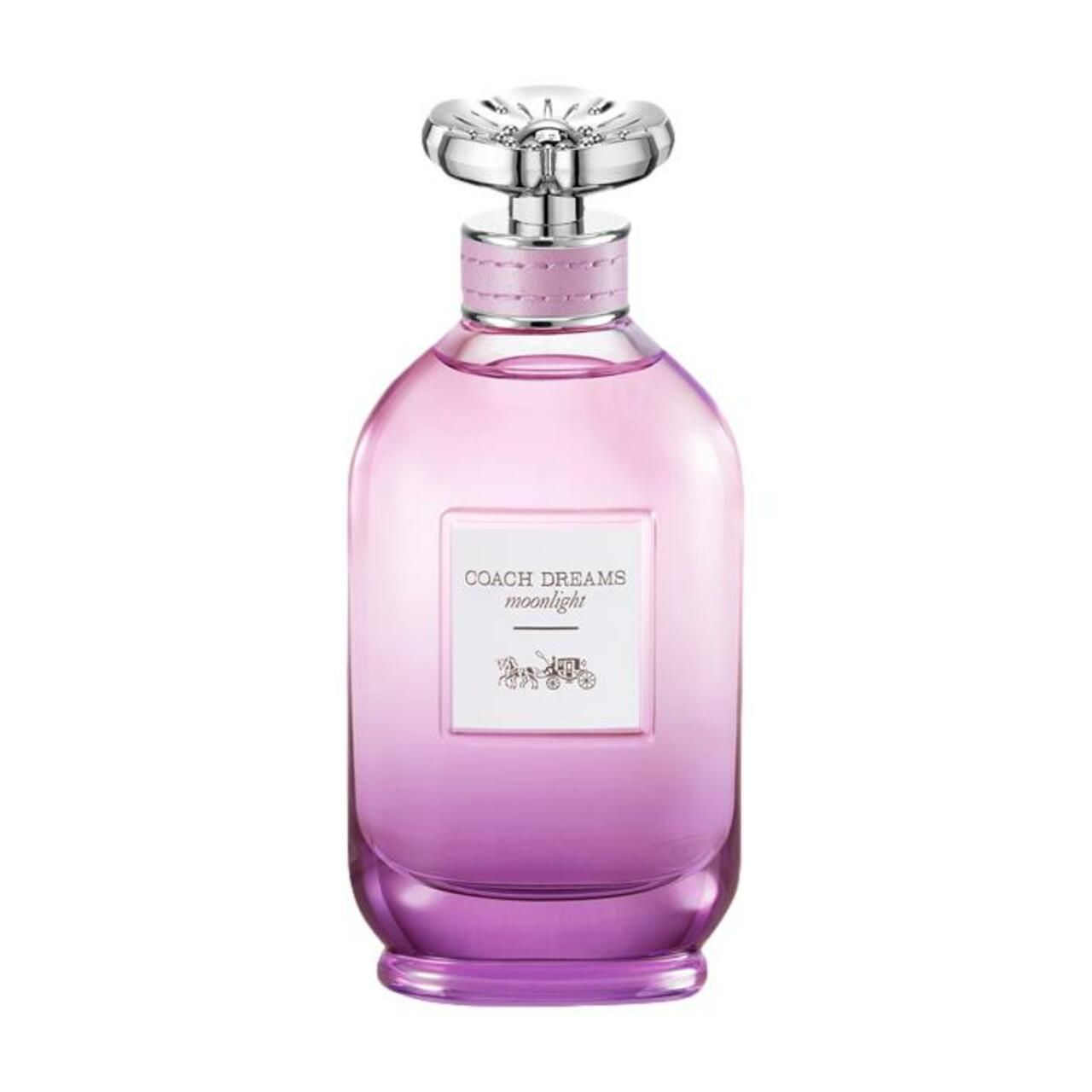 Runder Flakon, rosa-violett. Silberner Verschluss. Text: Coach Dreams Moonlight. Logo: Kutsche. Aufschrift: Eau de Parfum.