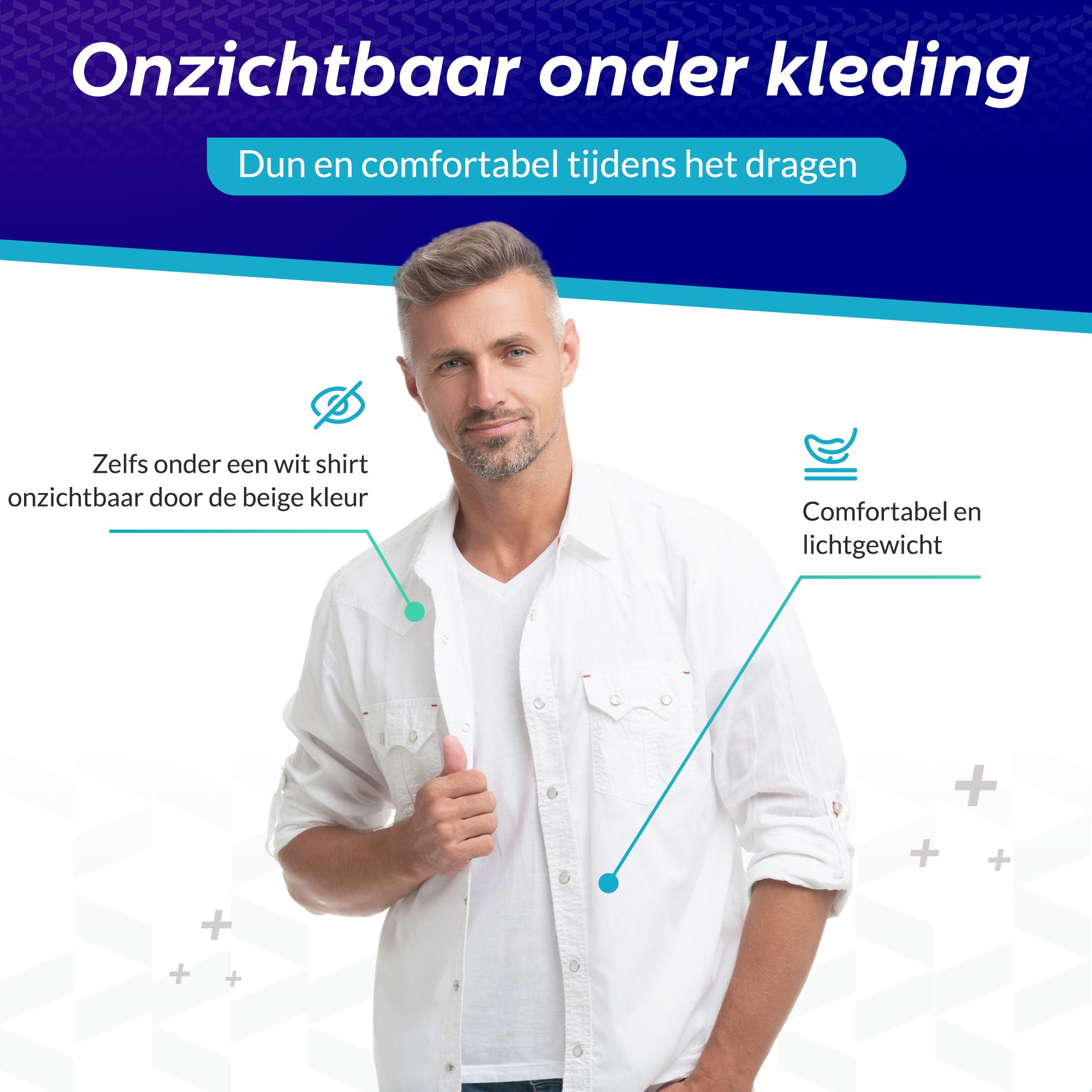 Mann trägt weißes Hemd. Text: Unsichtbar unter Kleidung. Beige Rückenbandage.