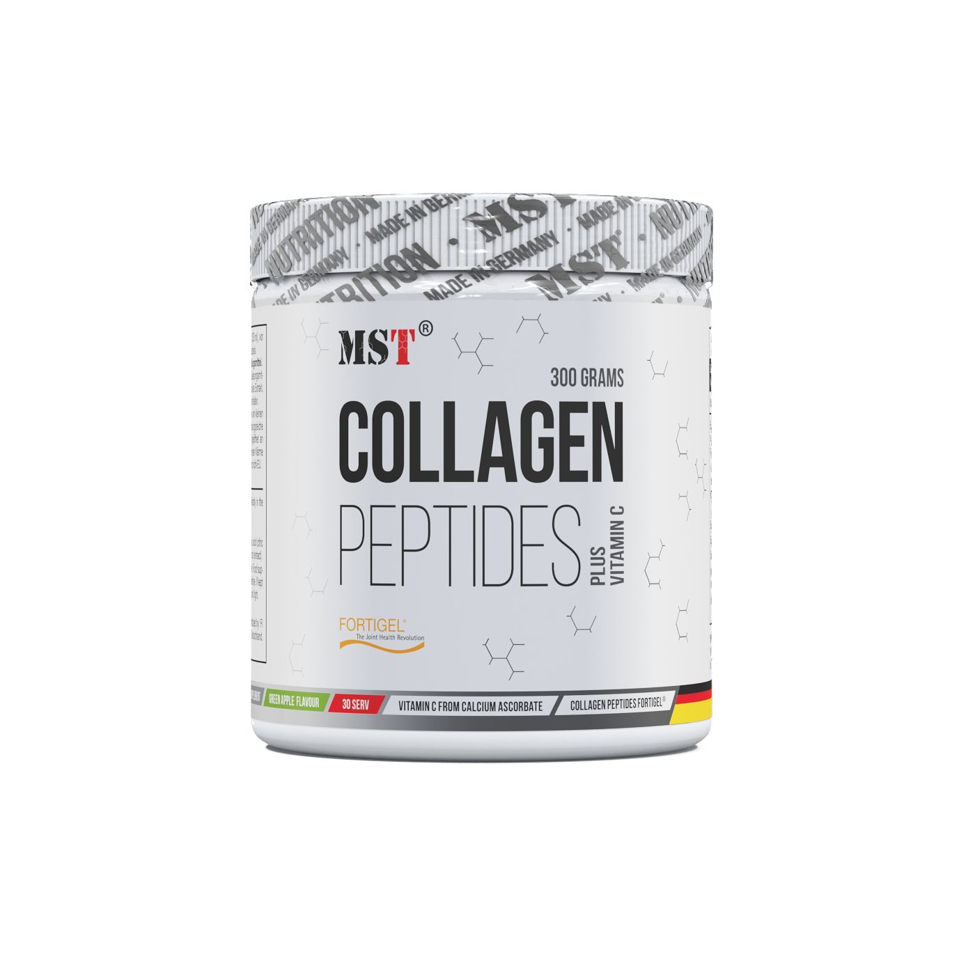 Weiße Dose mit schwarzem Deckel. Aufschrift: MST, Collagen Peptides, Plus Vitamin C, Fortigel. 300 Gramm.